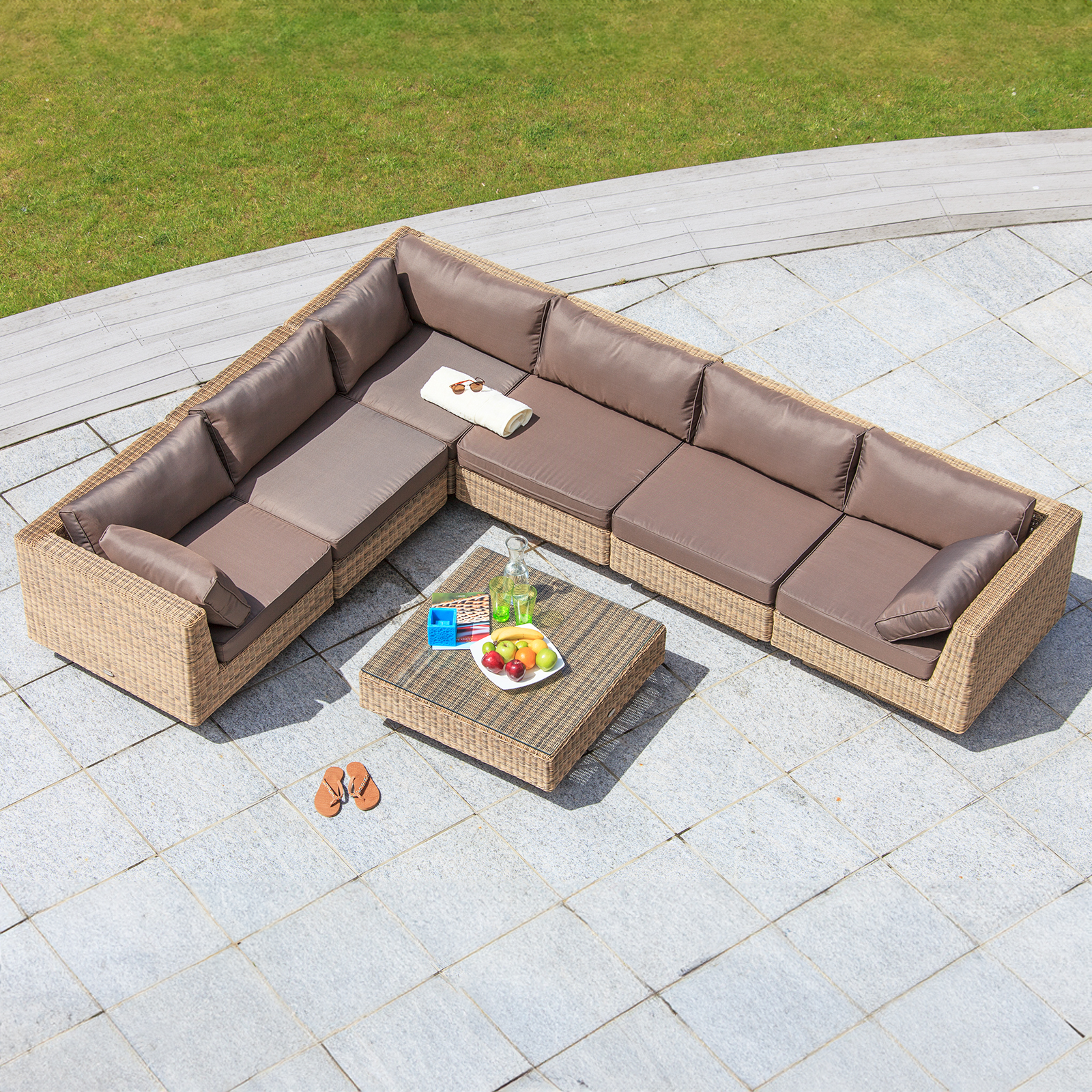 chicago rattan 6 seater deluxe modular lounge set in 4 seasons with brown cushions