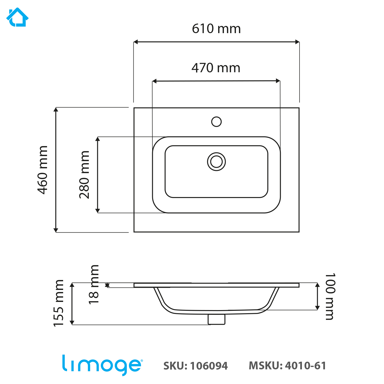 4010 ceramic 61cm thin edge inset basin with oval bowl