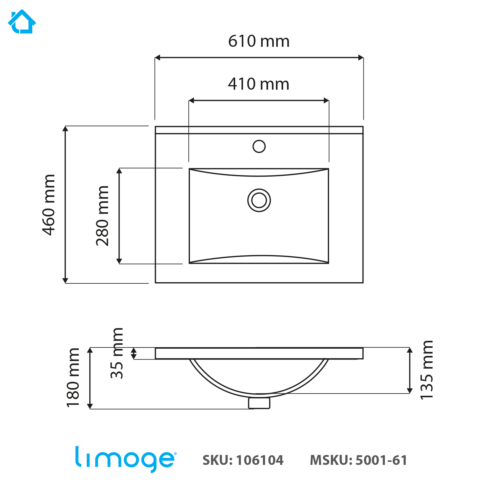 5001 ceramic 61cm mid edge inset basin with scooped bowl