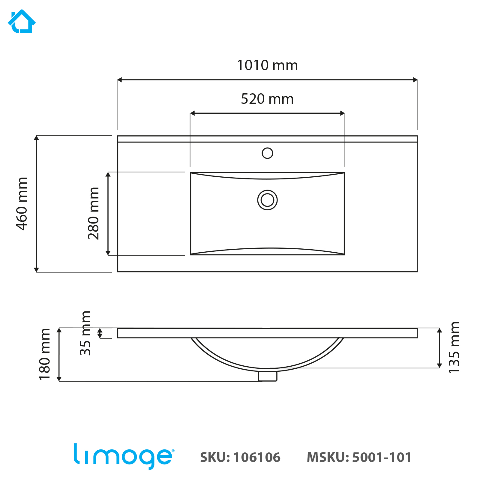 5001 ceramic 101cm mid edge inset basin with scooped bowl