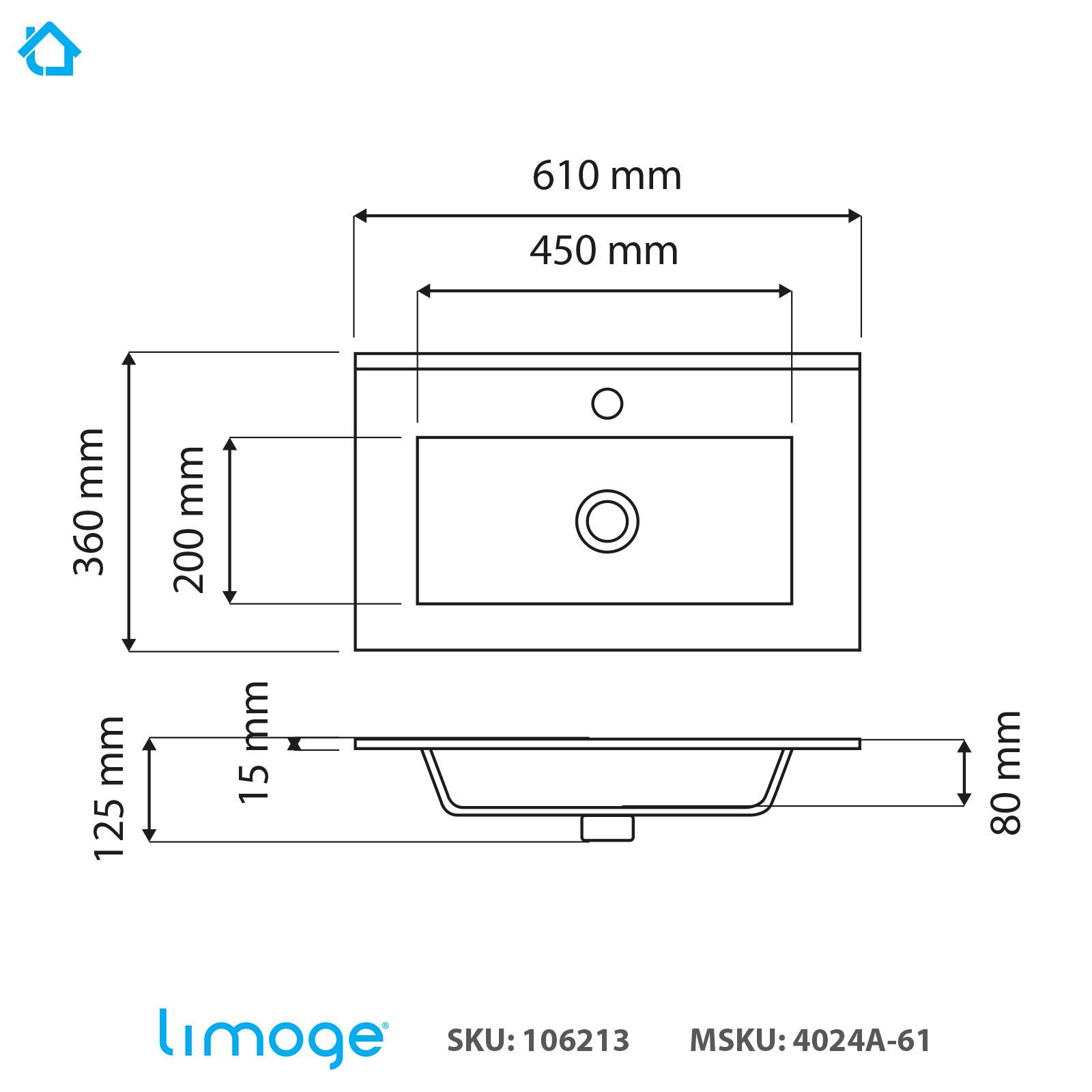 4024a ceramic 61cm thin edge inset basin with rectangular bowl