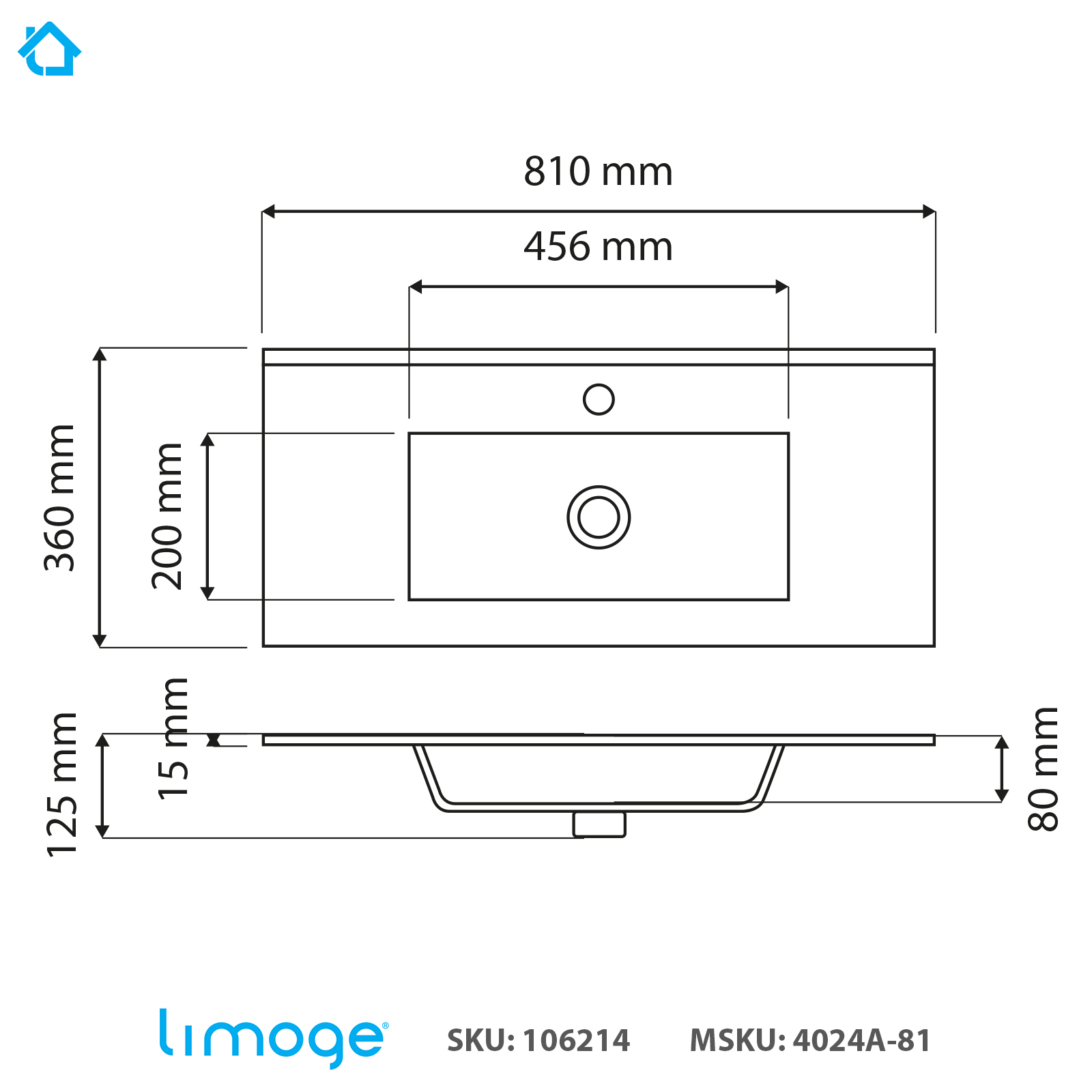 4024a ceramic 81cm thin edge inset basin with rectangular bowl