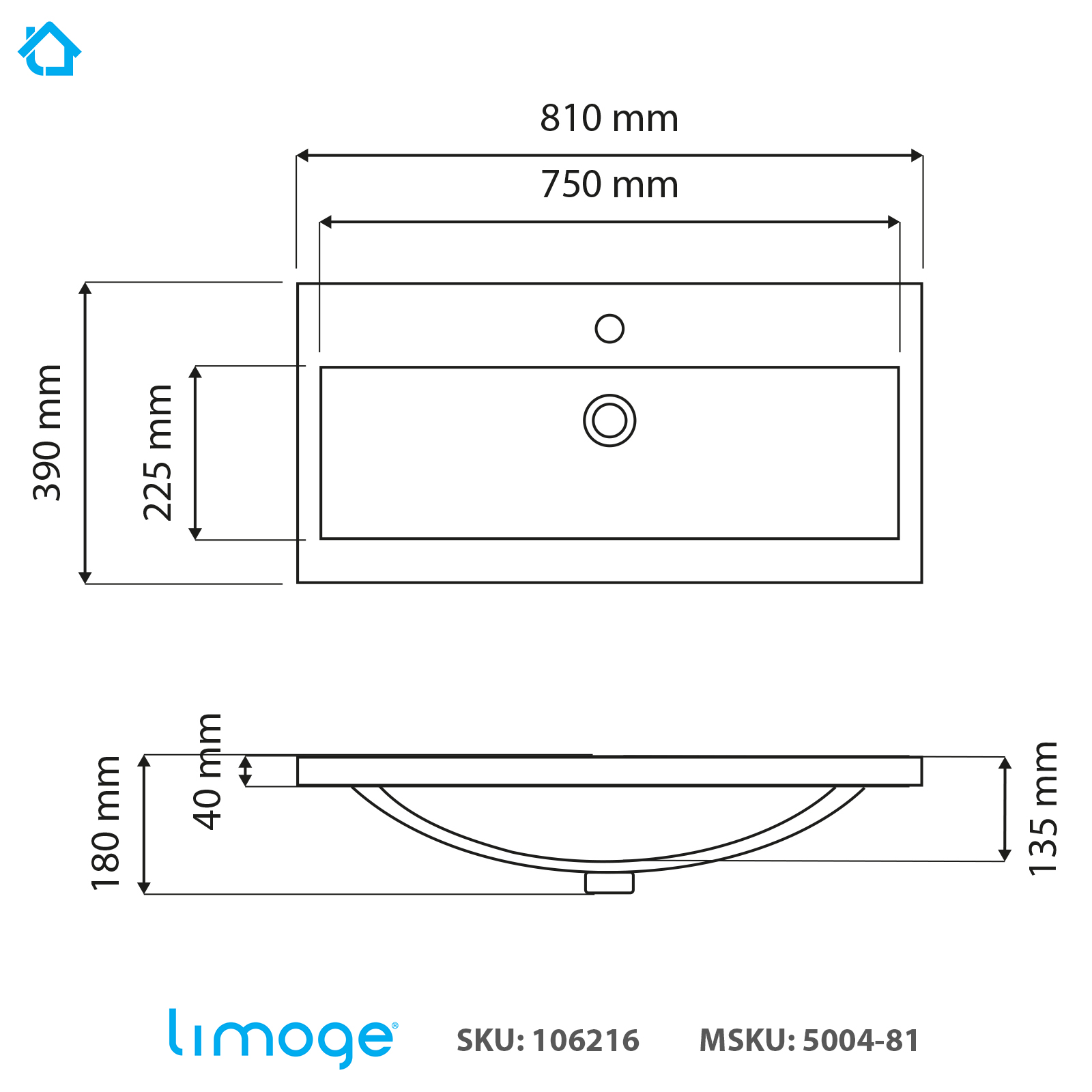 5004 ceramic 81cm mid edge inset basin with dipped bowl