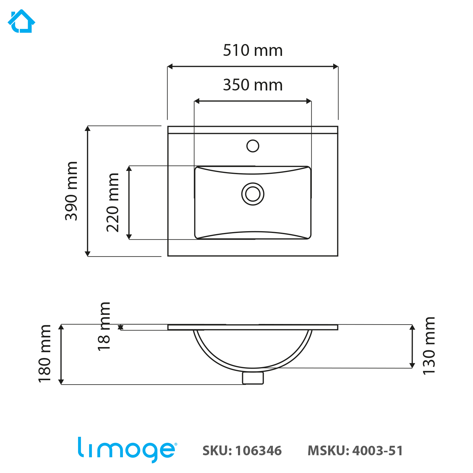 4003 ceramic 51cm thin edge inset basin with deep scoop