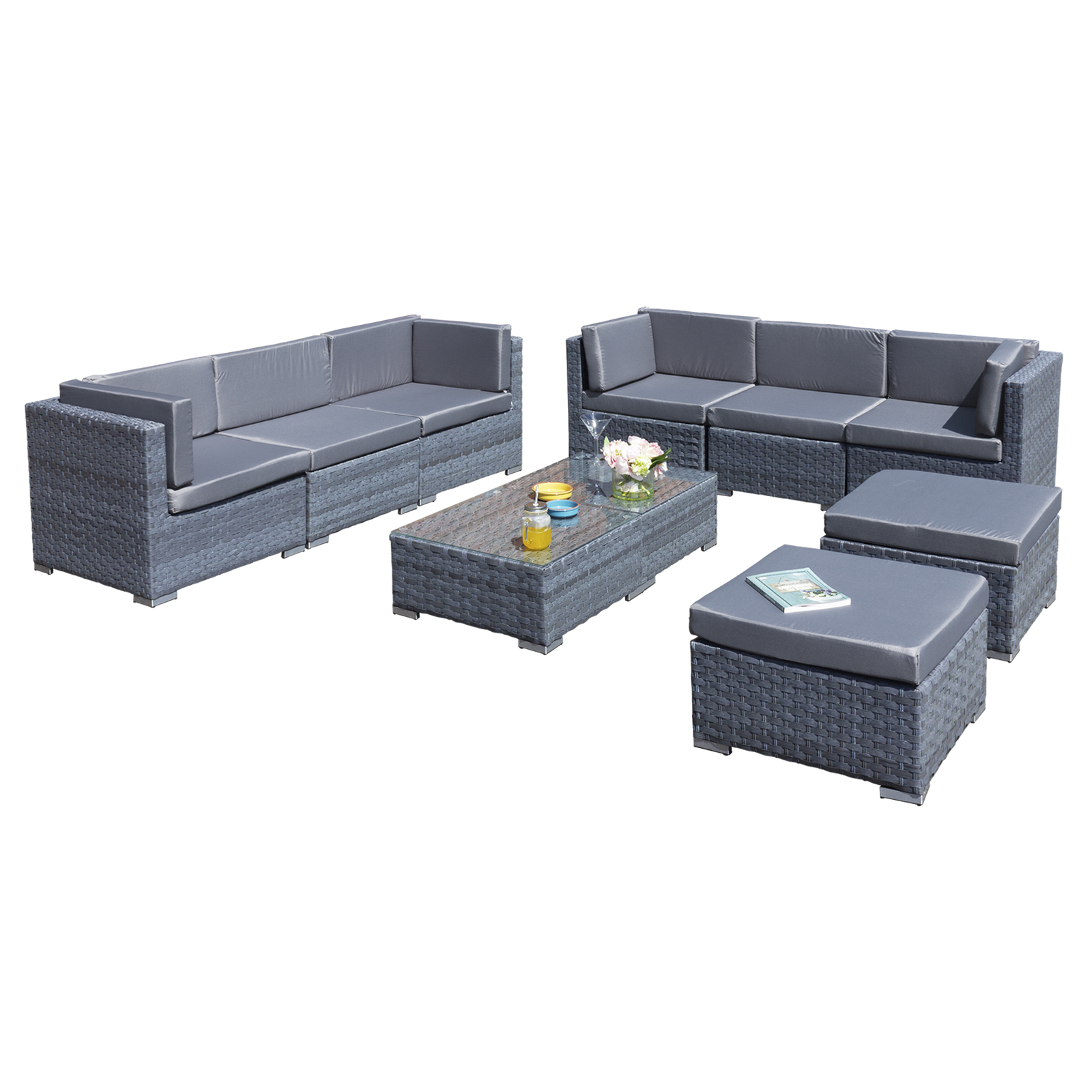 trinidad deluxe rattan 8 seat modular sofa set in ocean grey