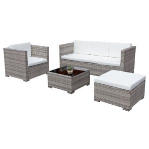acorn rattan 5 seat lounge sofa set in dove grey with white cushions