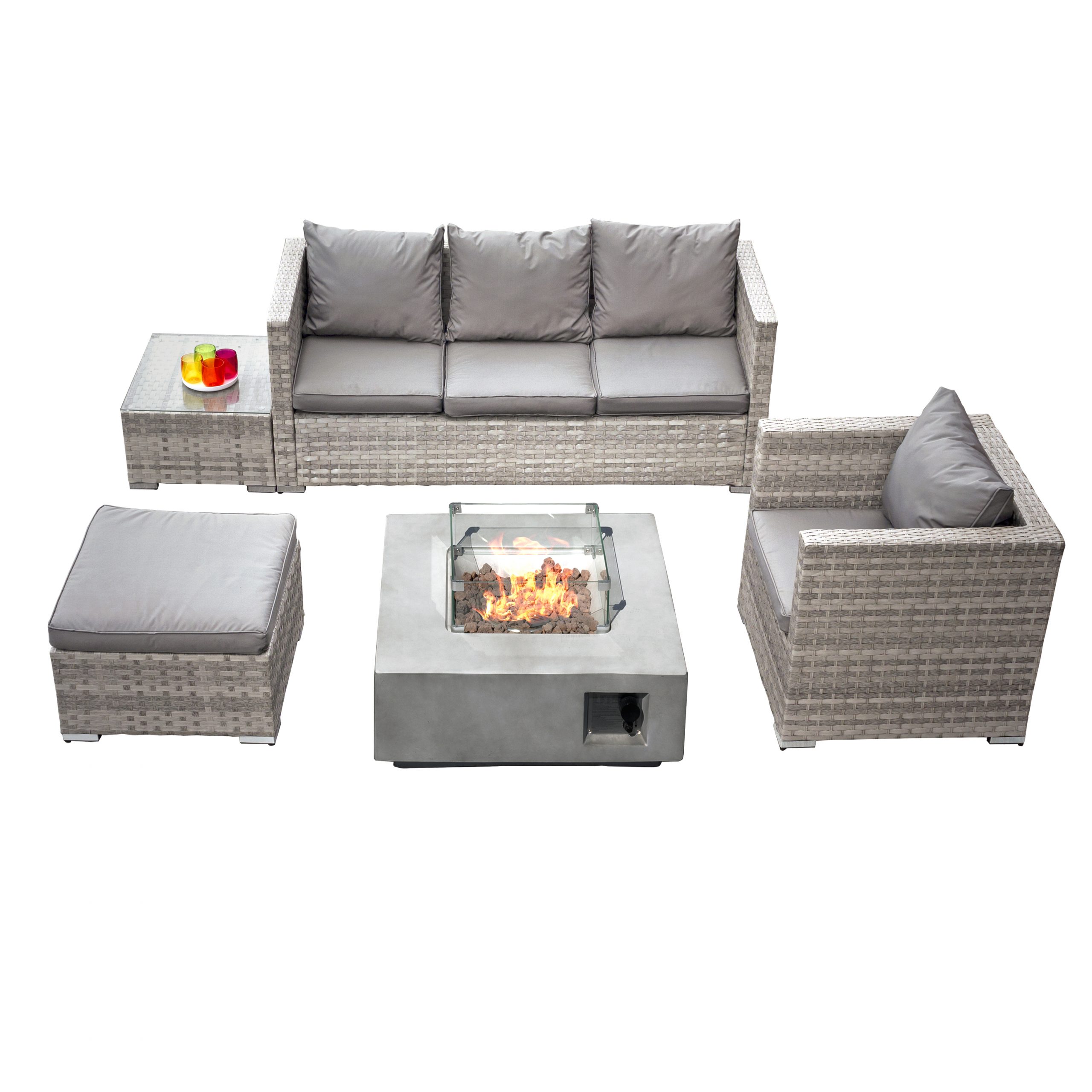 acorn rattan 5 seat lounge sofa set with grc firepit in dove grey