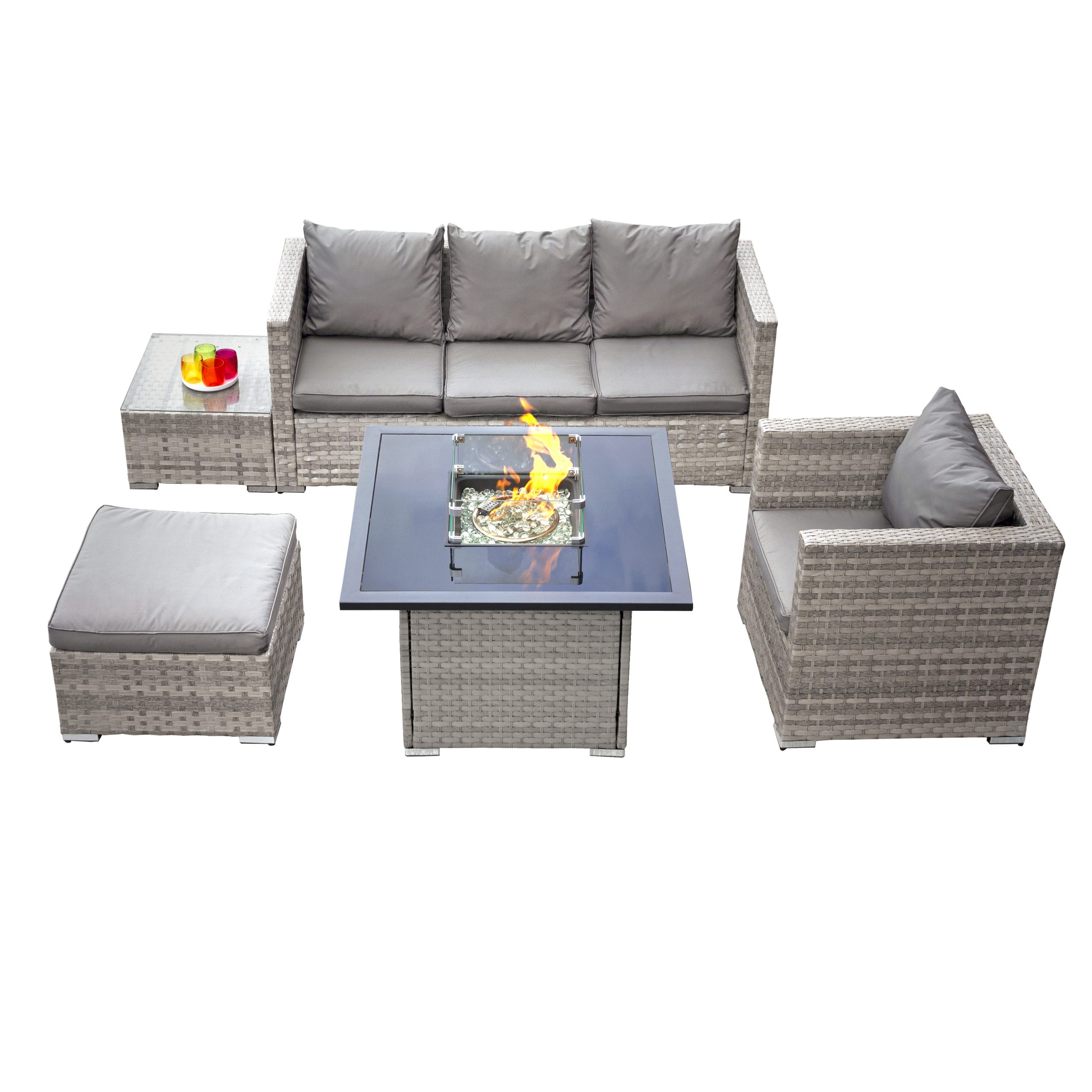 acorn rattan 5 seat firepit lounge set in dove grey