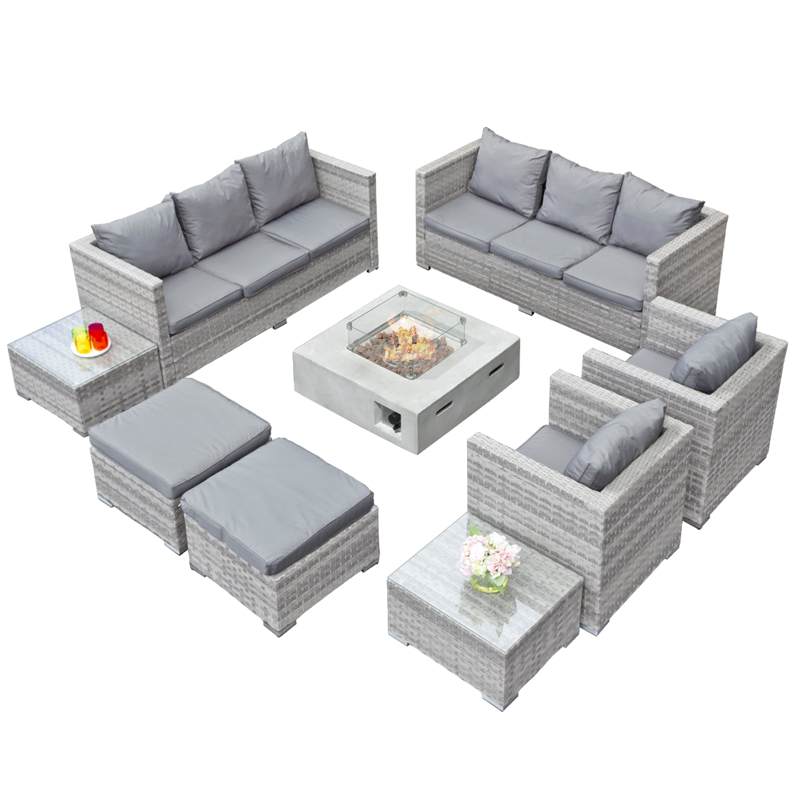 acorn deluxe rattan 10 seat modular sofa set with grc firepit in dove grey