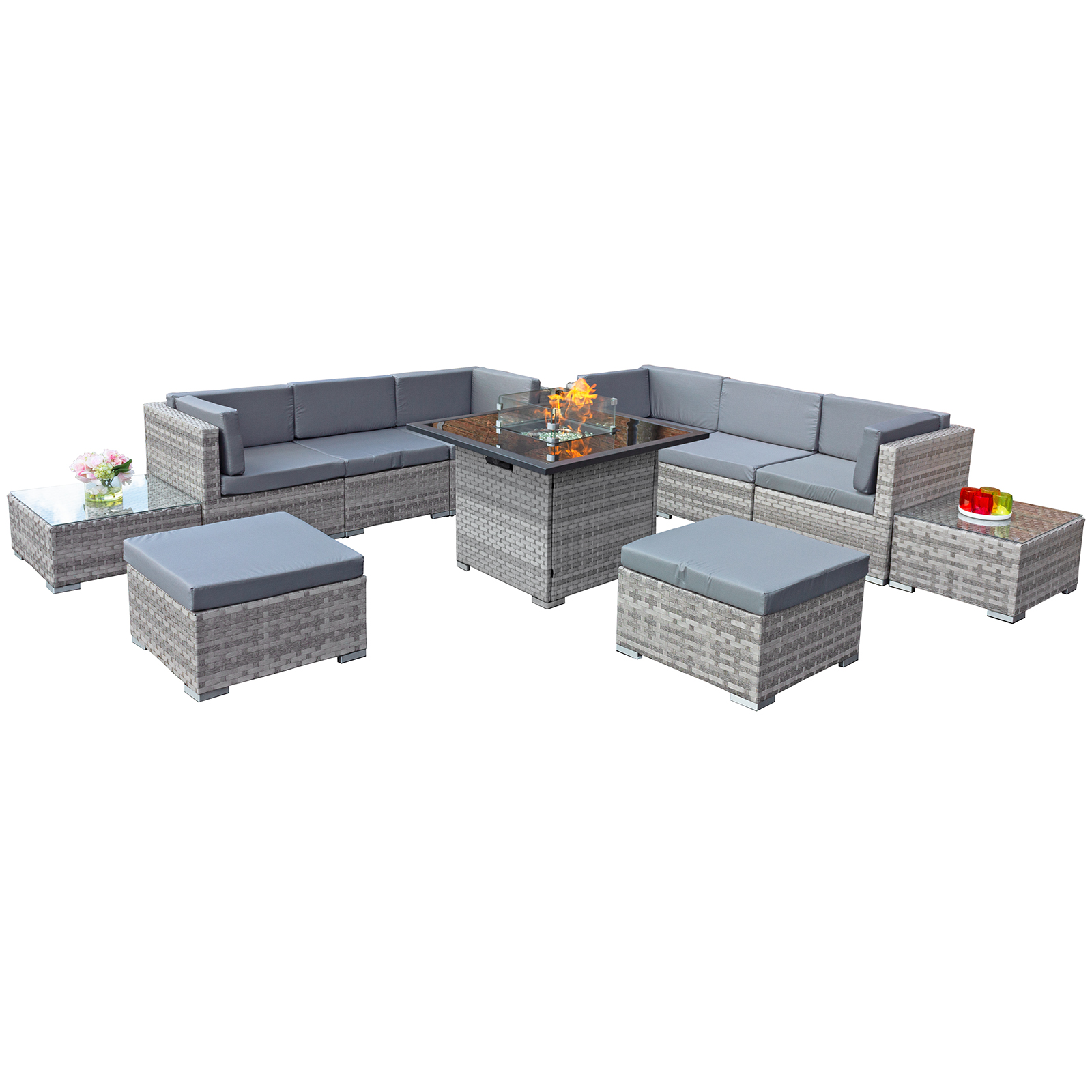 trinidad deluxe rattan 8 seat firepit modular set in dove grey