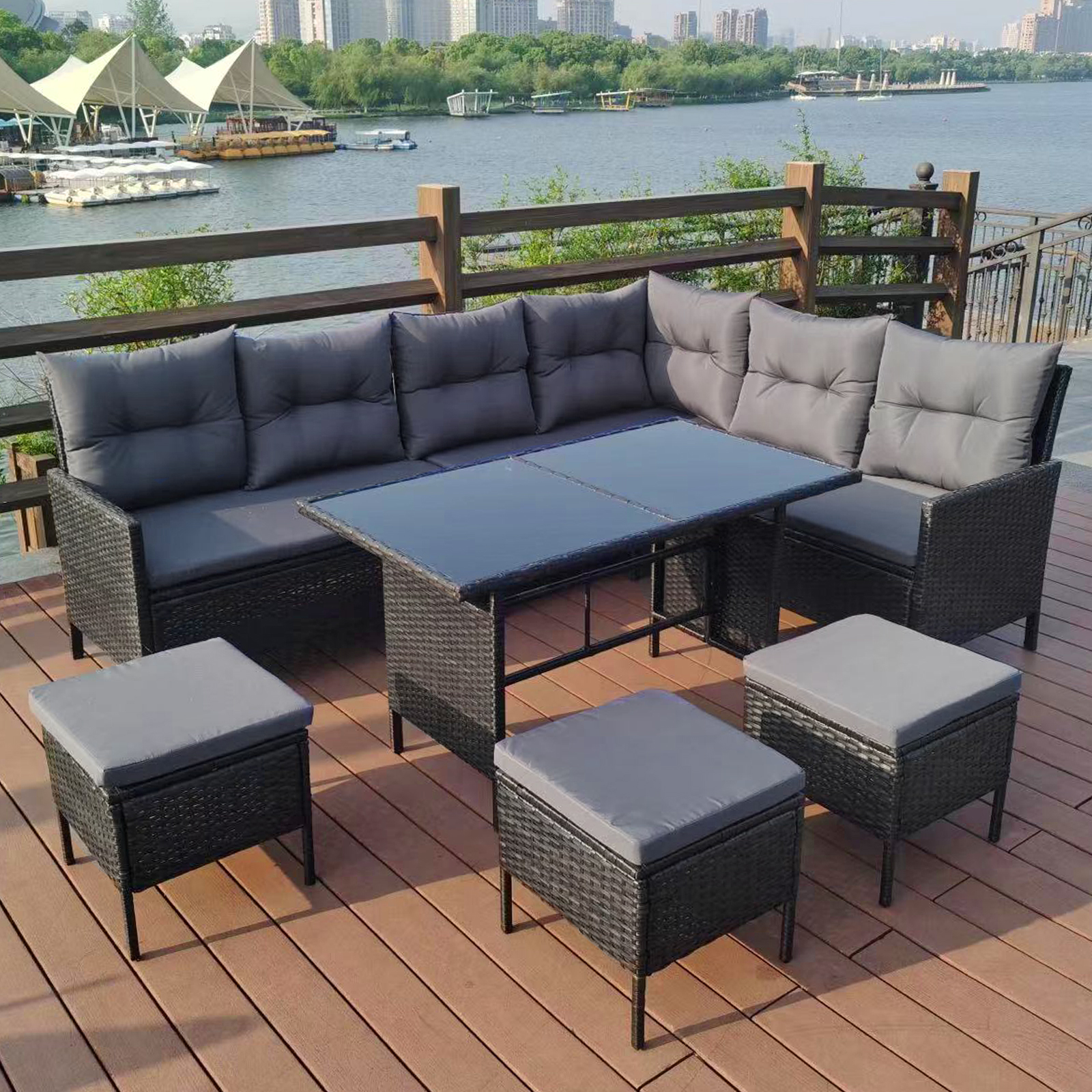 fiji kd rattan 8 seat corner dining set in black