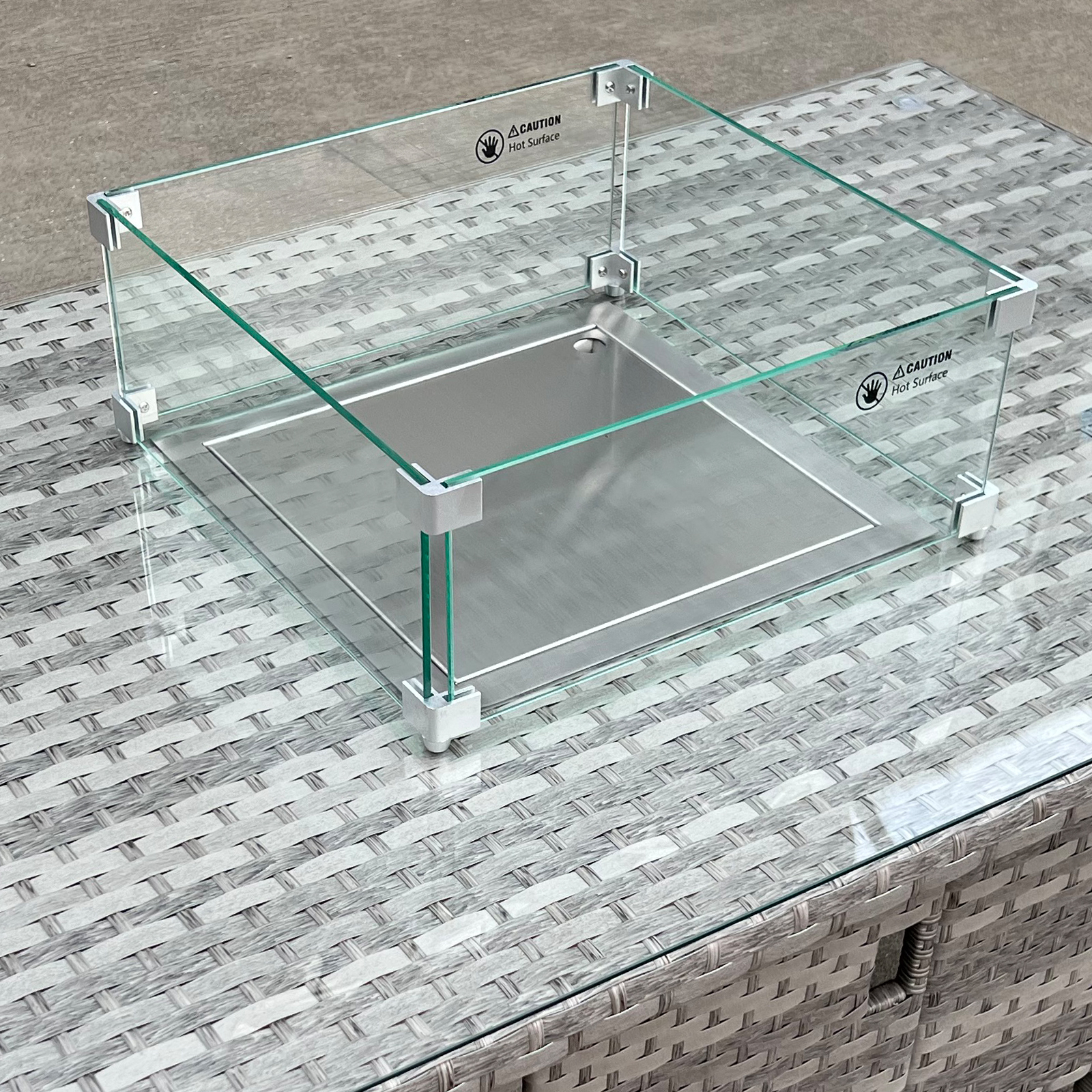 rattan firepit table in dove grey