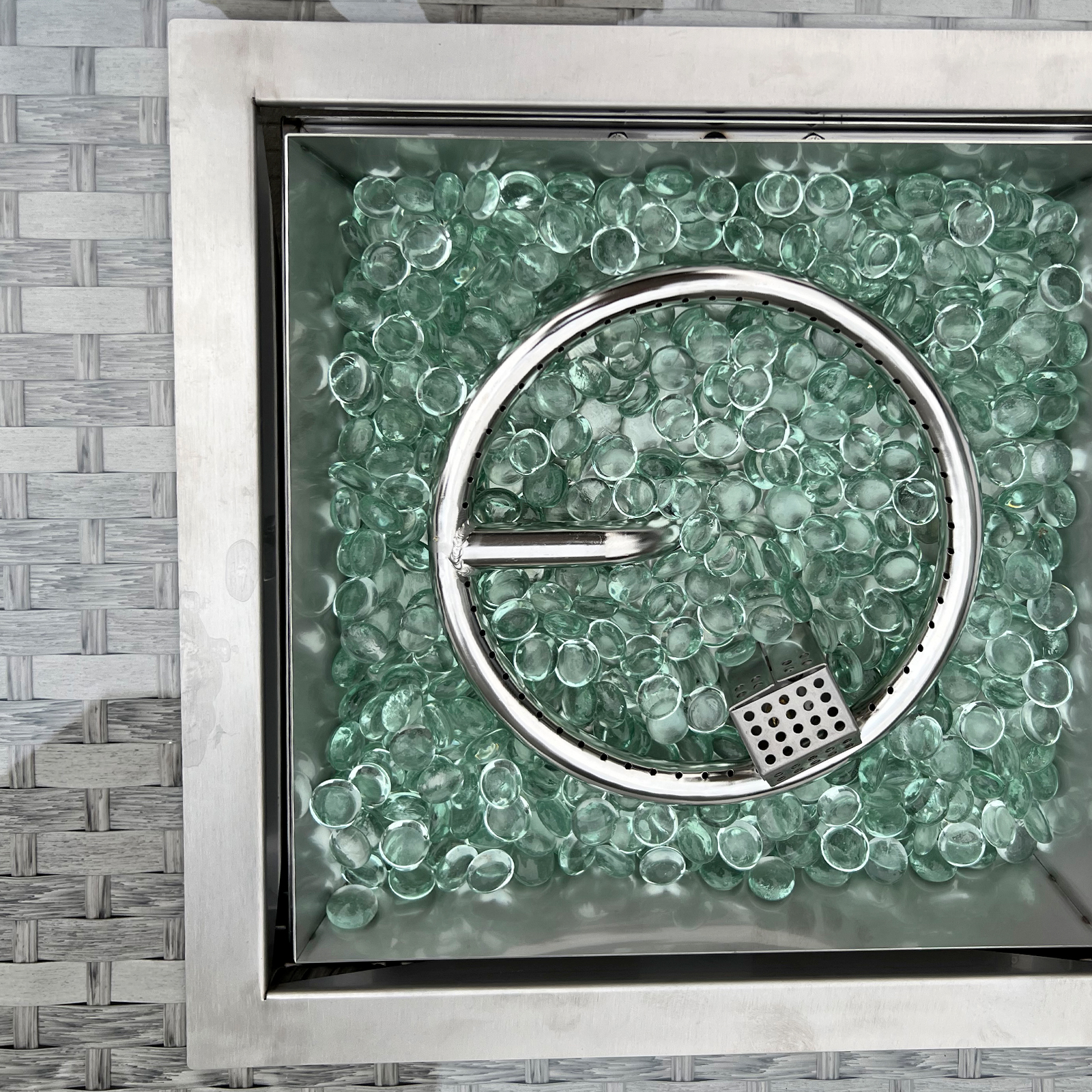 rattan firepit table in dove grey