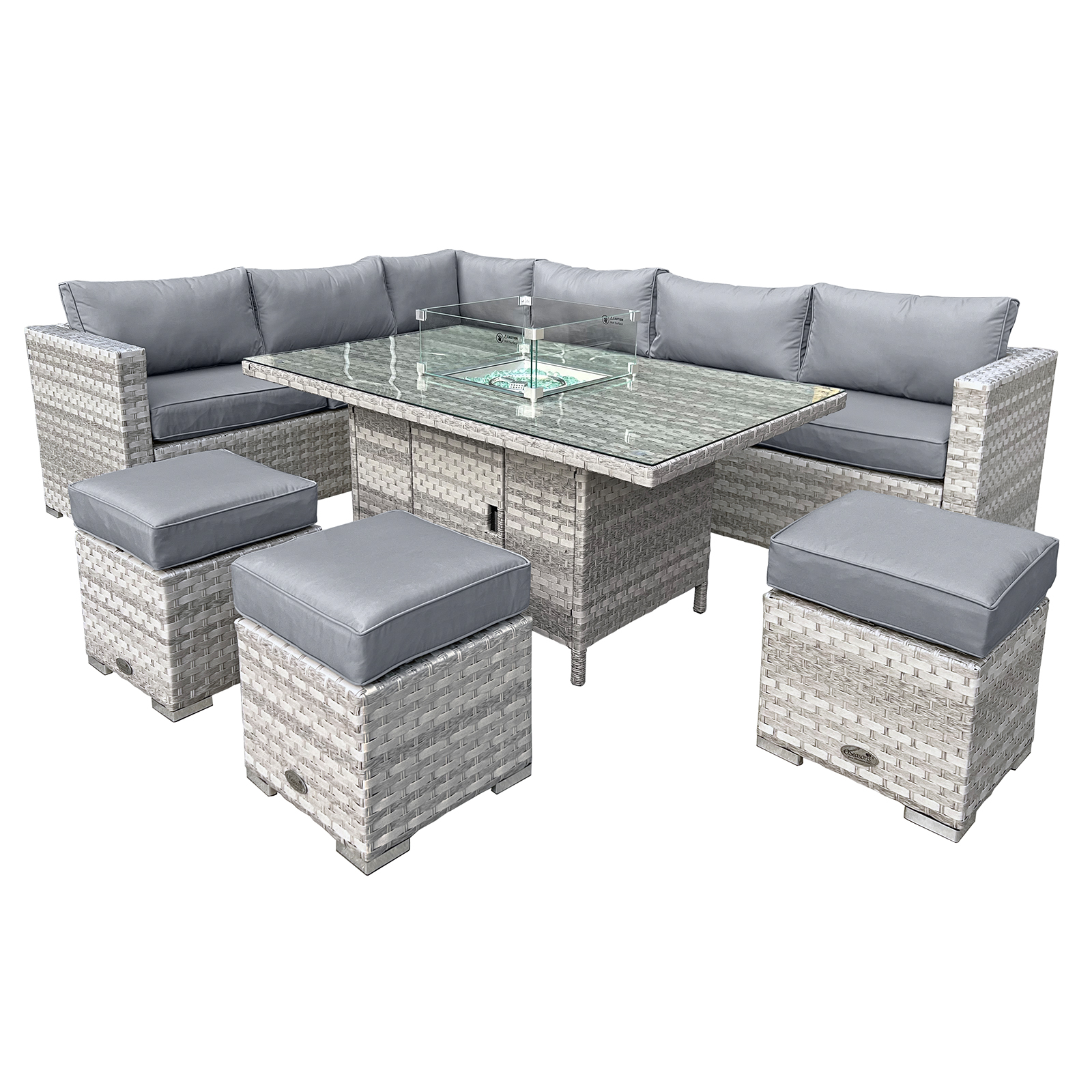aruba rattan 9 seat firepit table set in dove grey