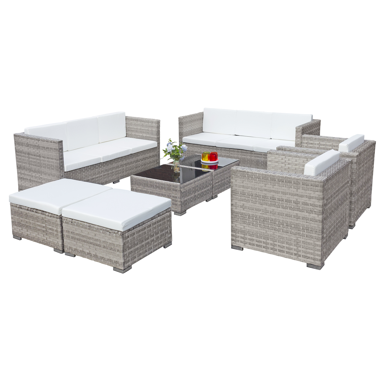 acorn deluxe rattan 10 seat modular sofa set in dove grey with white cushions