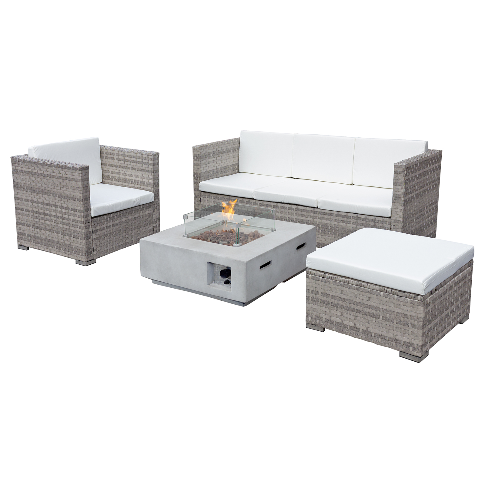 acorn rattan 5 seat lounge sofa set with grc firepit in dove grey with white cushions