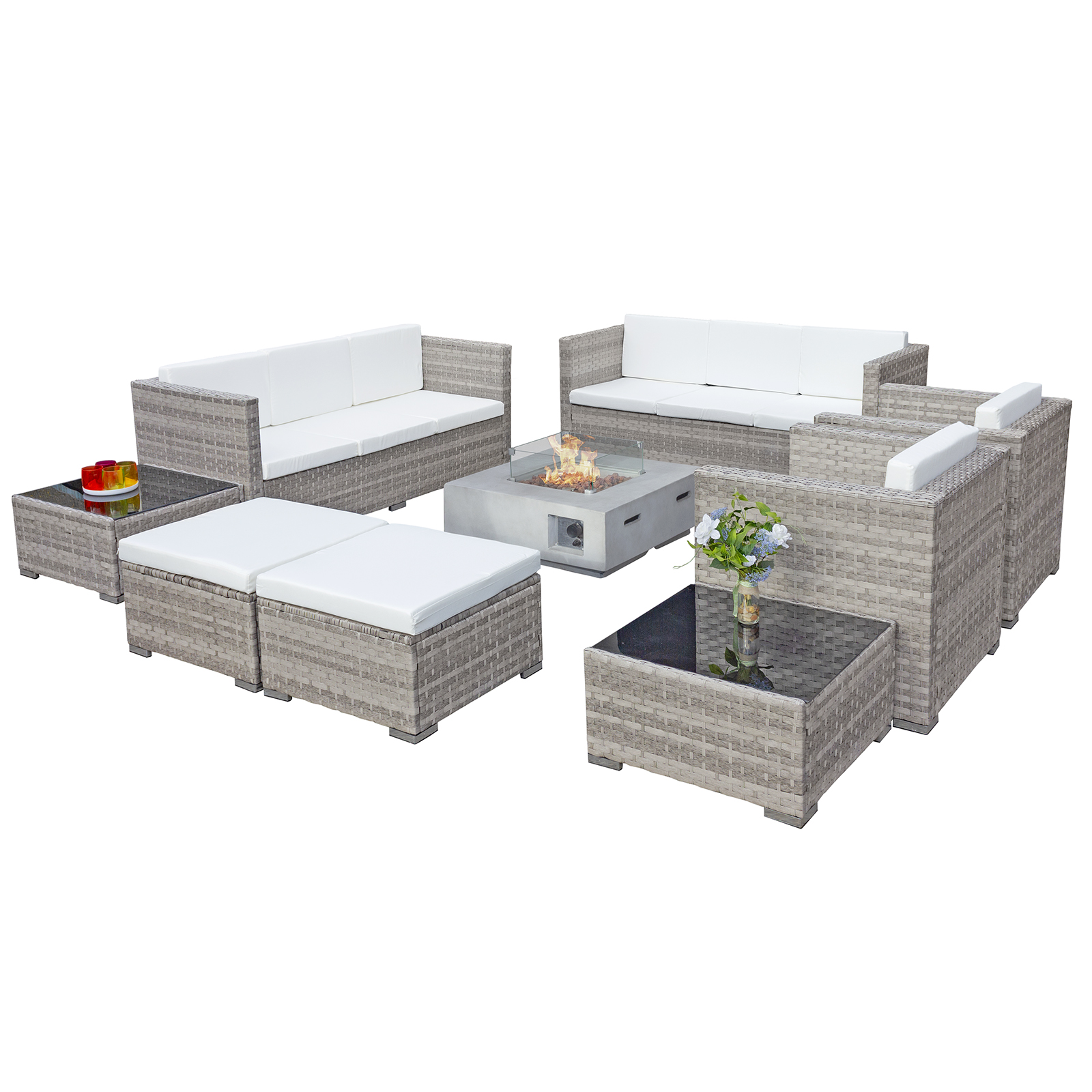 acorn deluxe rattan 10 seat modular sofa set with grc firepit in dove grey with white cushions