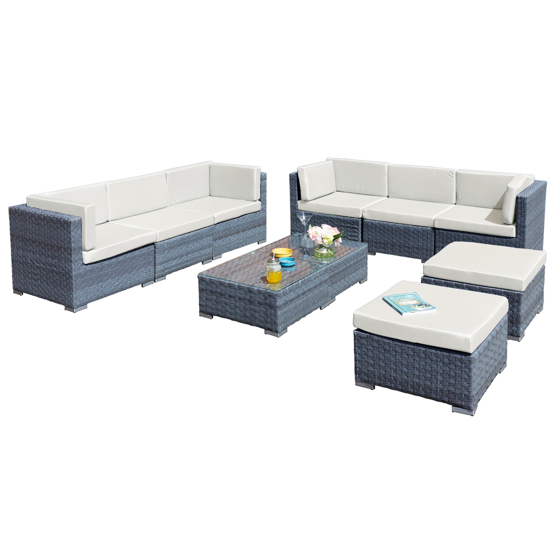 trinidad deluxe rattan 8 seat modular sofa set in ocean grey