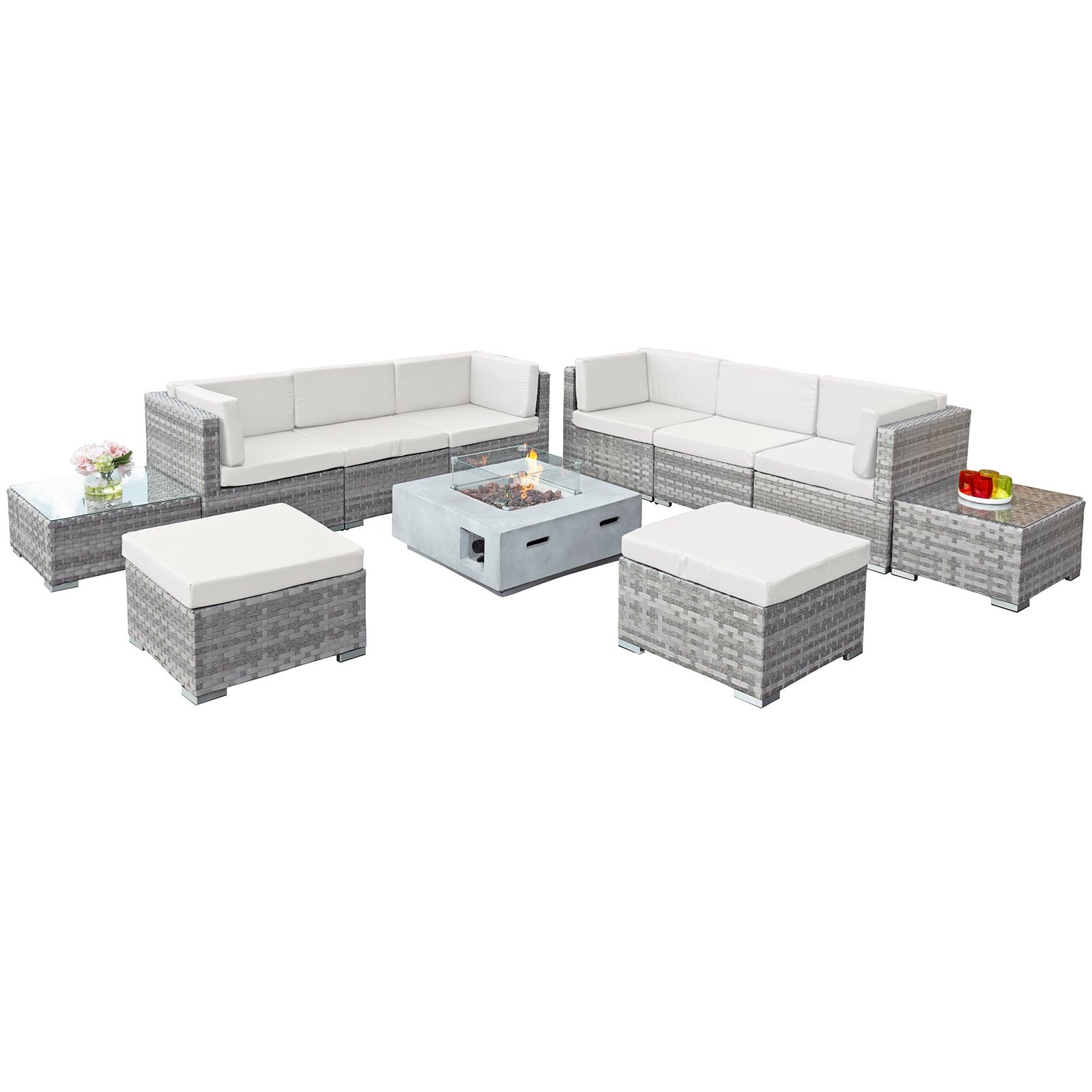 trinidad deluxe rattan 8 seat modular sofa set with grc firepit in dove grey