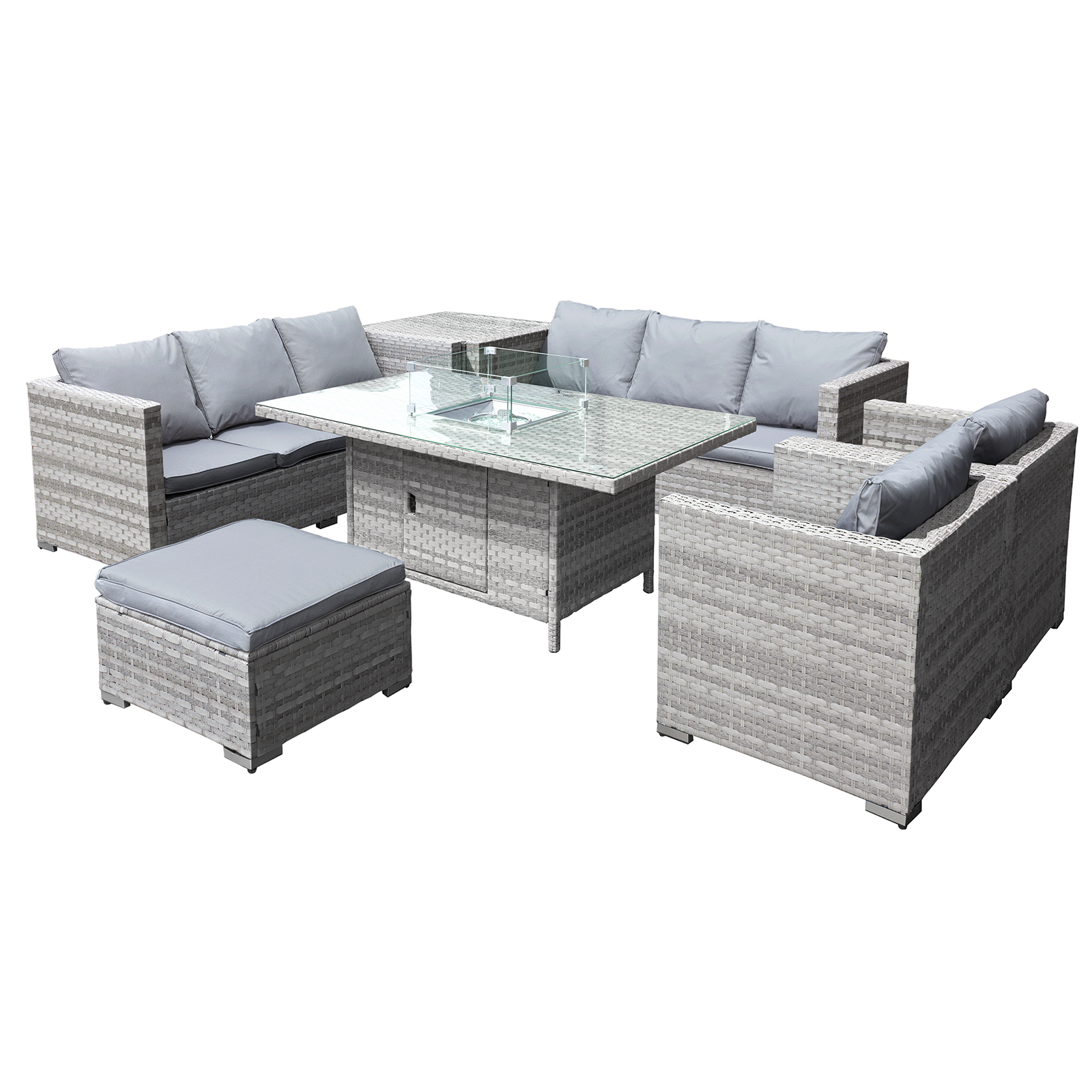 malta xs rattan 9 seat firepit table set in dove grey