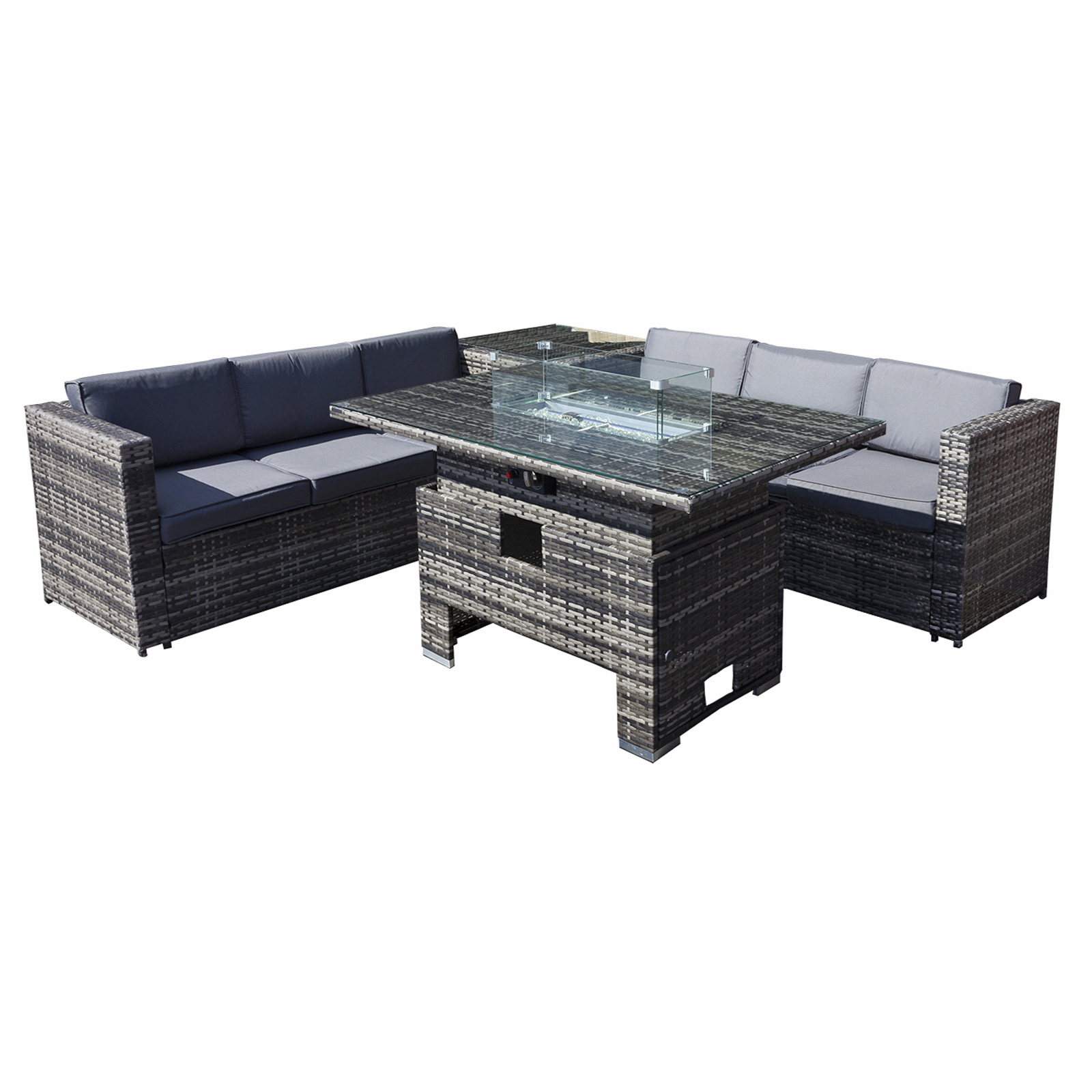 malta rattan 6 seat rising firepit corner set in grey walnut