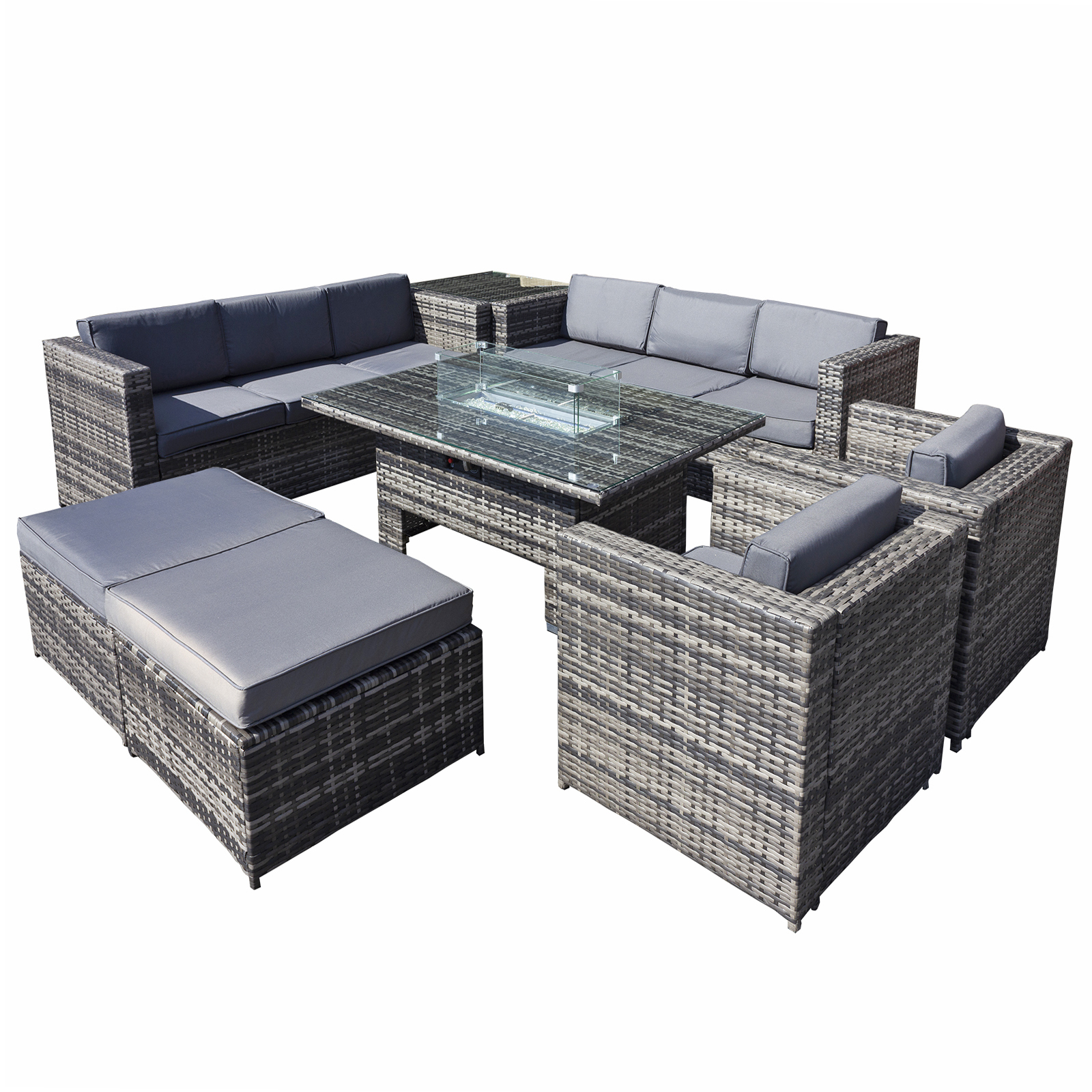 malta rattan 10 seat rising firepit u shape set in grey walnut with 2 footstools