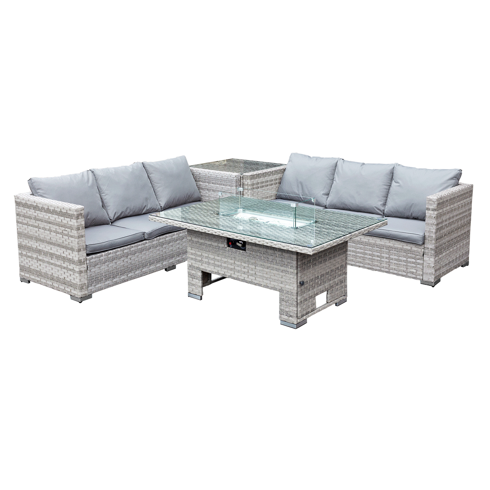 malta rattan 6 seat rising firepit corner set in dove grey
