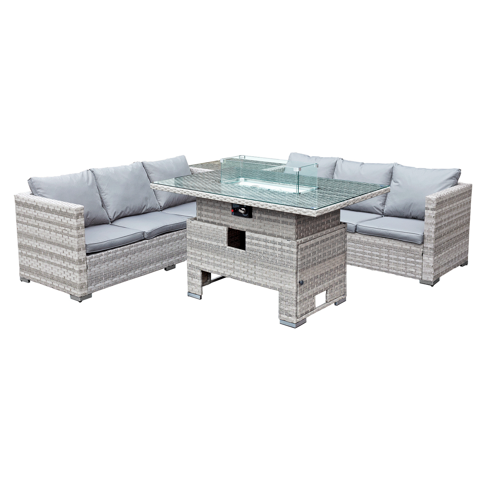 malta rattan 6 seat rising firepit corner set in dove grey