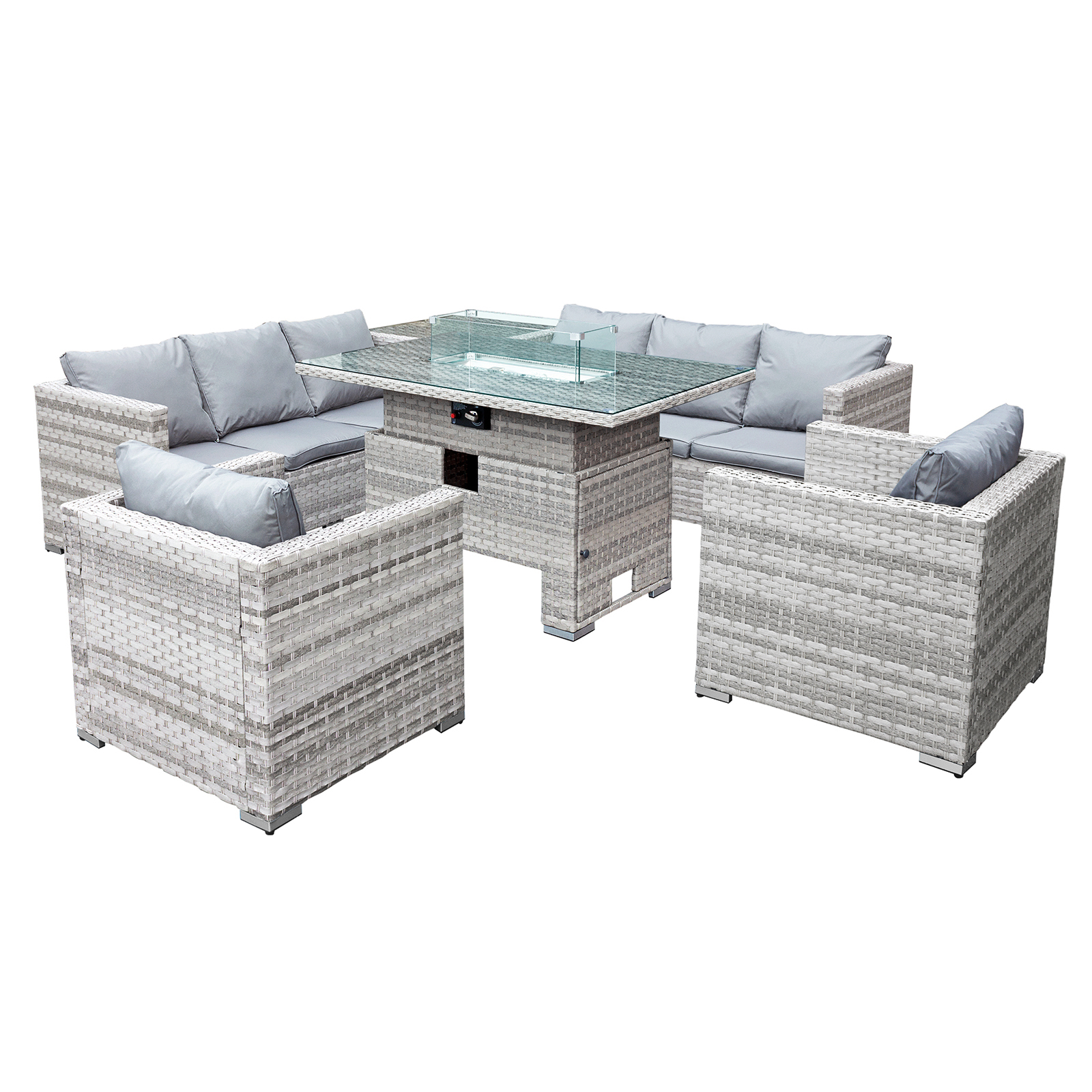 malta rattan 8 seat rising firepit corner set in dove grey