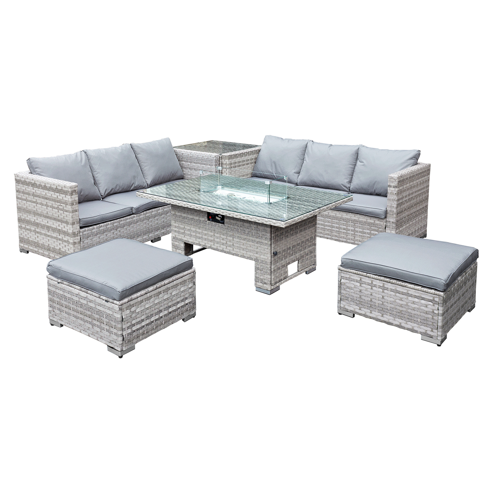 malta rattan 8 seat rising firepit corner set in dove grey with 2 footstools