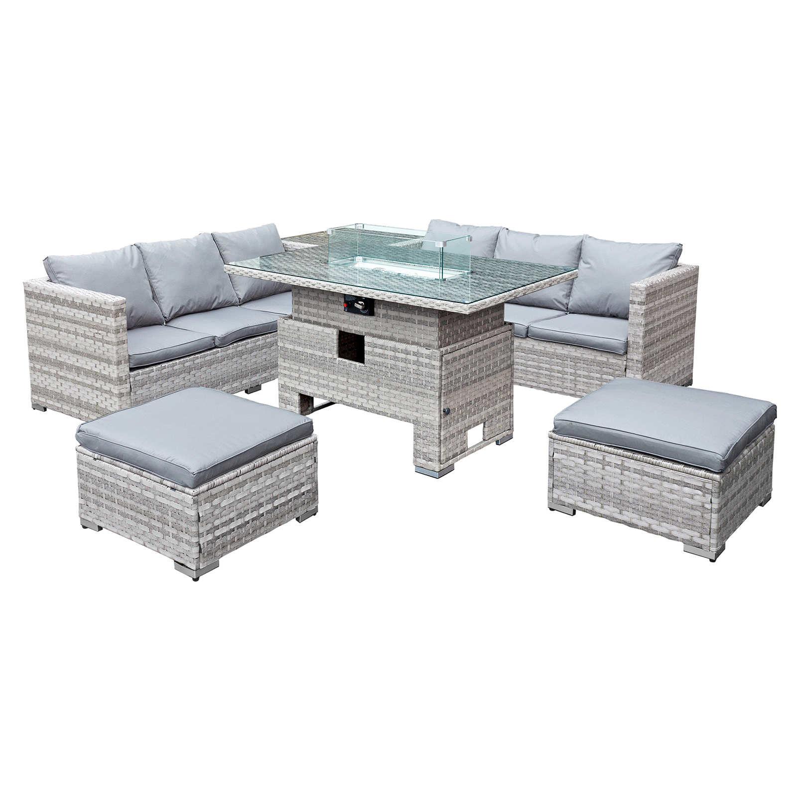 malta rattan 8 seat rising firepit corner set in dove grey with 2 footstools