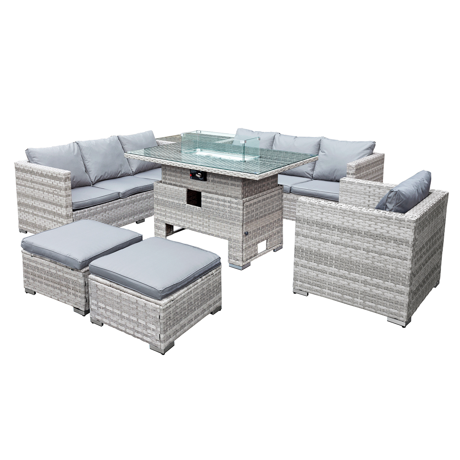 malta rattan 9 seat rising firepit corner set in dove grey with 2 footstools