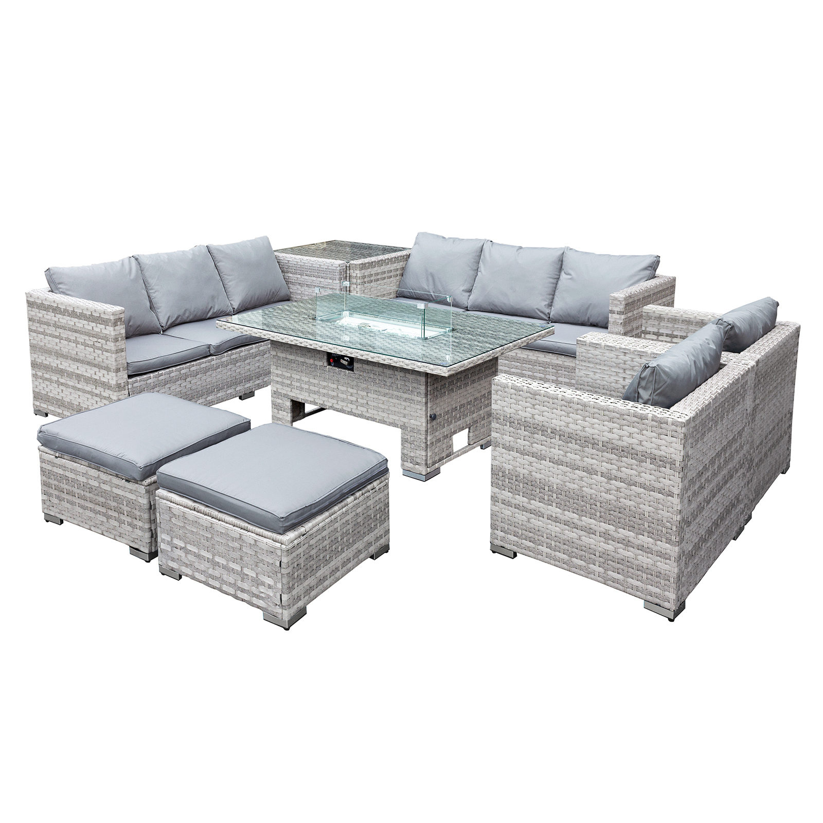 malta rattan 10 seat rising firepit u shape set in dove grey with 2 footstools