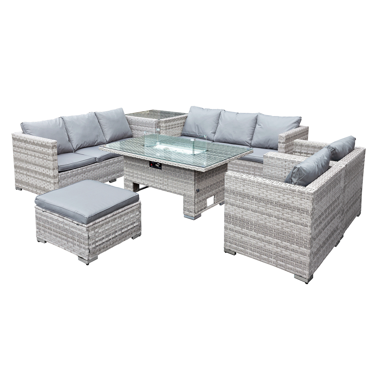 malta rattan 9 seat rising firepit u shape set in dove grey with footstool
