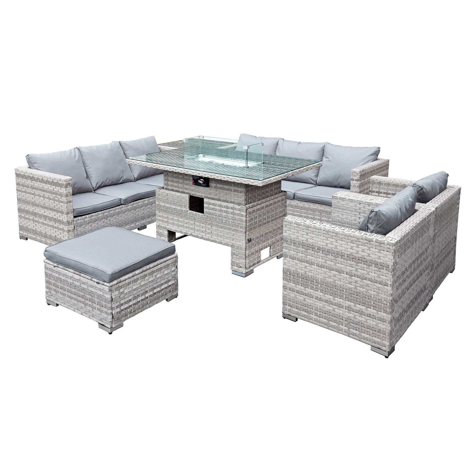 malta rattan 9 seat rising firepit u shape set in dove grey with footstool