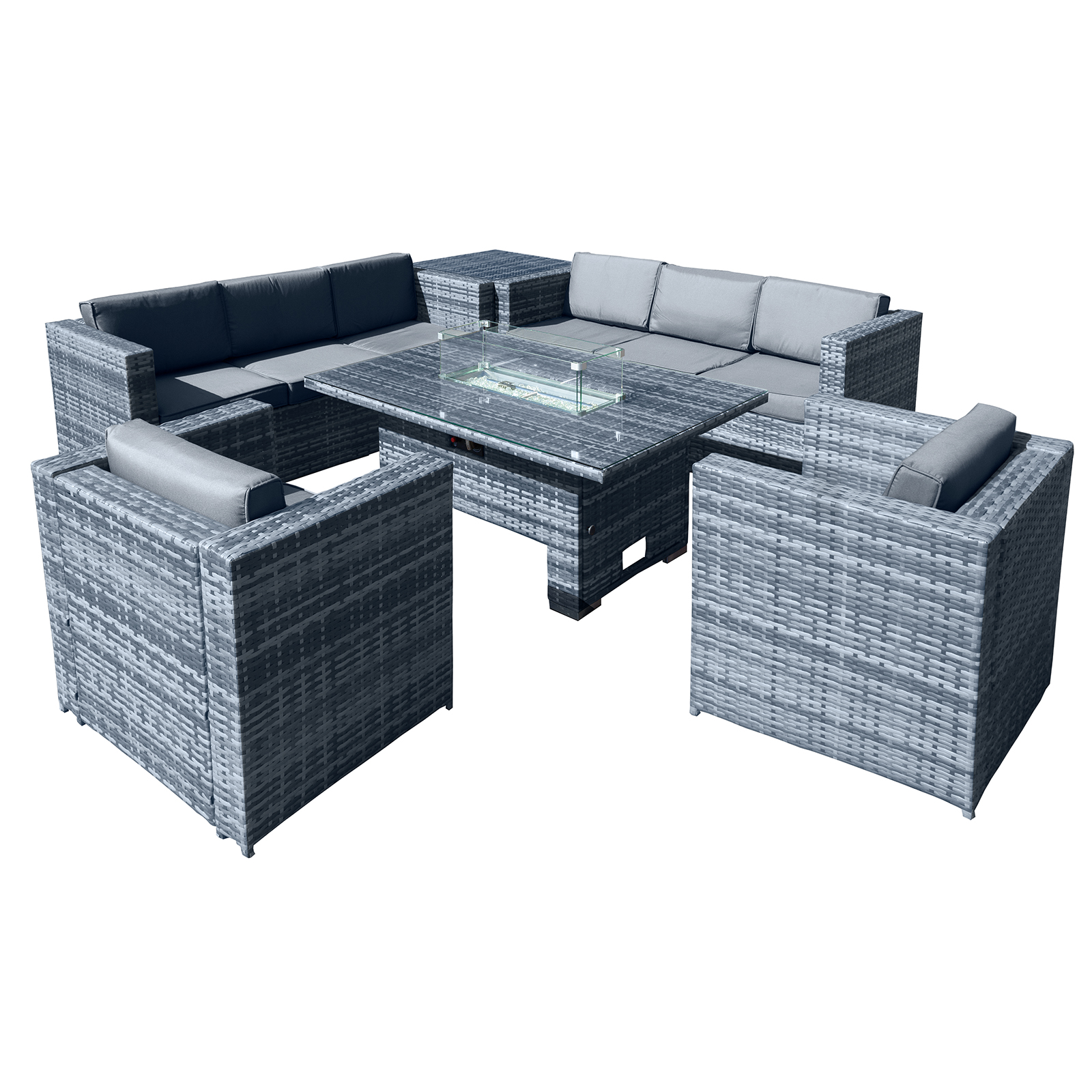 malta rattan 8 seat rising firepit corner set in ocean grey