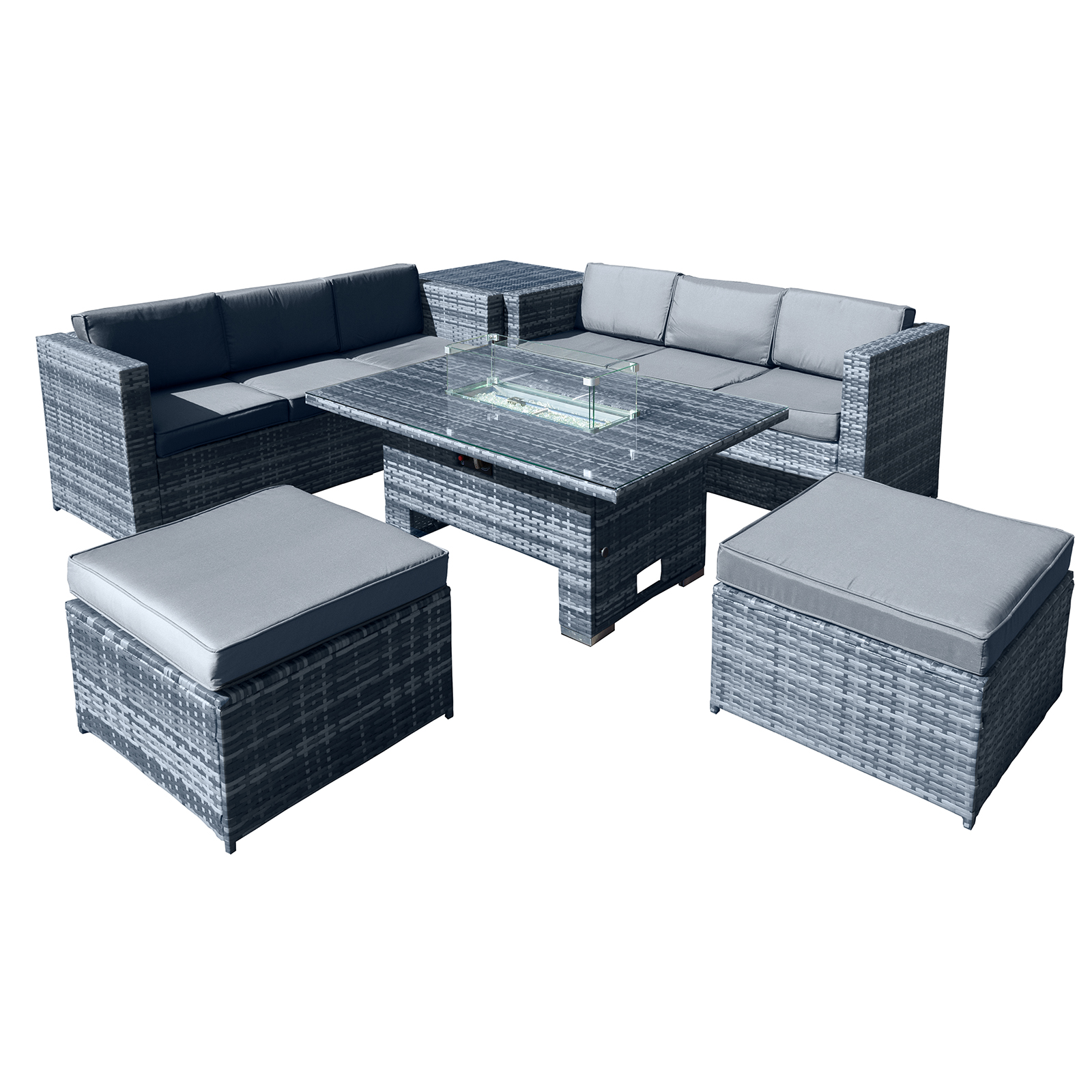 malta rattan 8 seat rising firepit corner set in ocean grey with 2 footstools