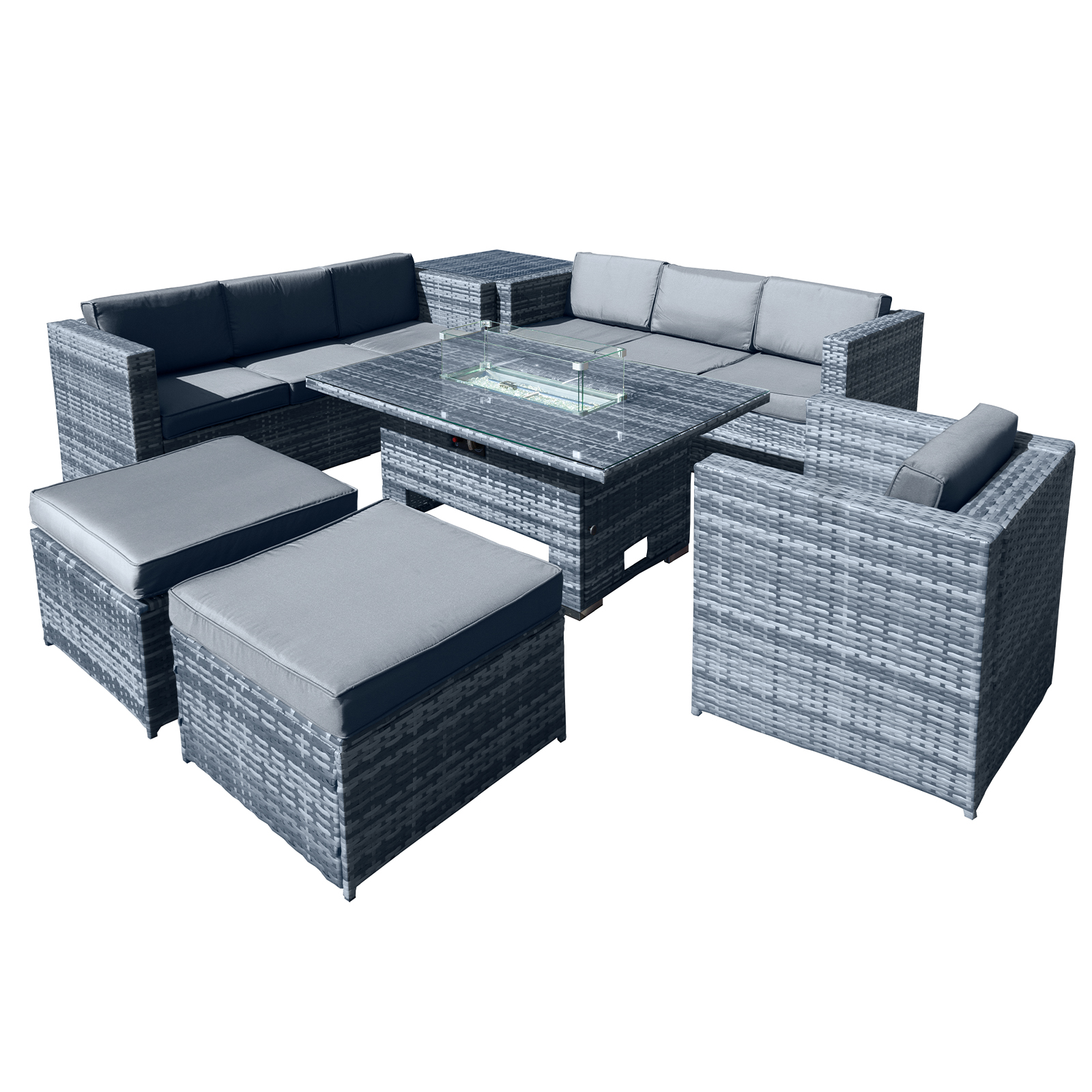 malta rattan 9 seat rising firepit corner set in ocean grey with 2 footstools