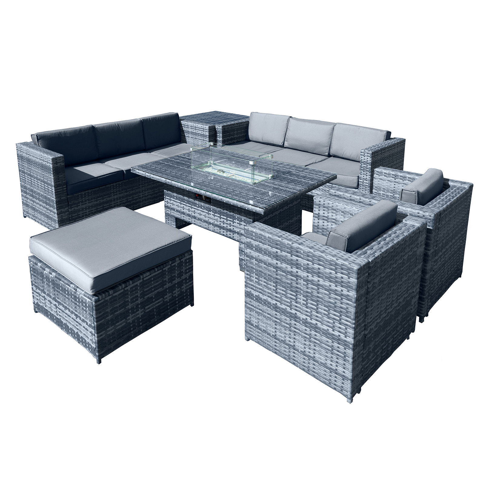 malta rattan 9 seat rising firepit u shape set in ocean grey with footstool