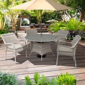 palmera rattan stacking 4 seat dining set in taupe with 2.5m parasol and base