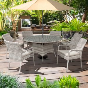 palmera rattan stacking 6 seat dining set in taupe with 3m parasol and base