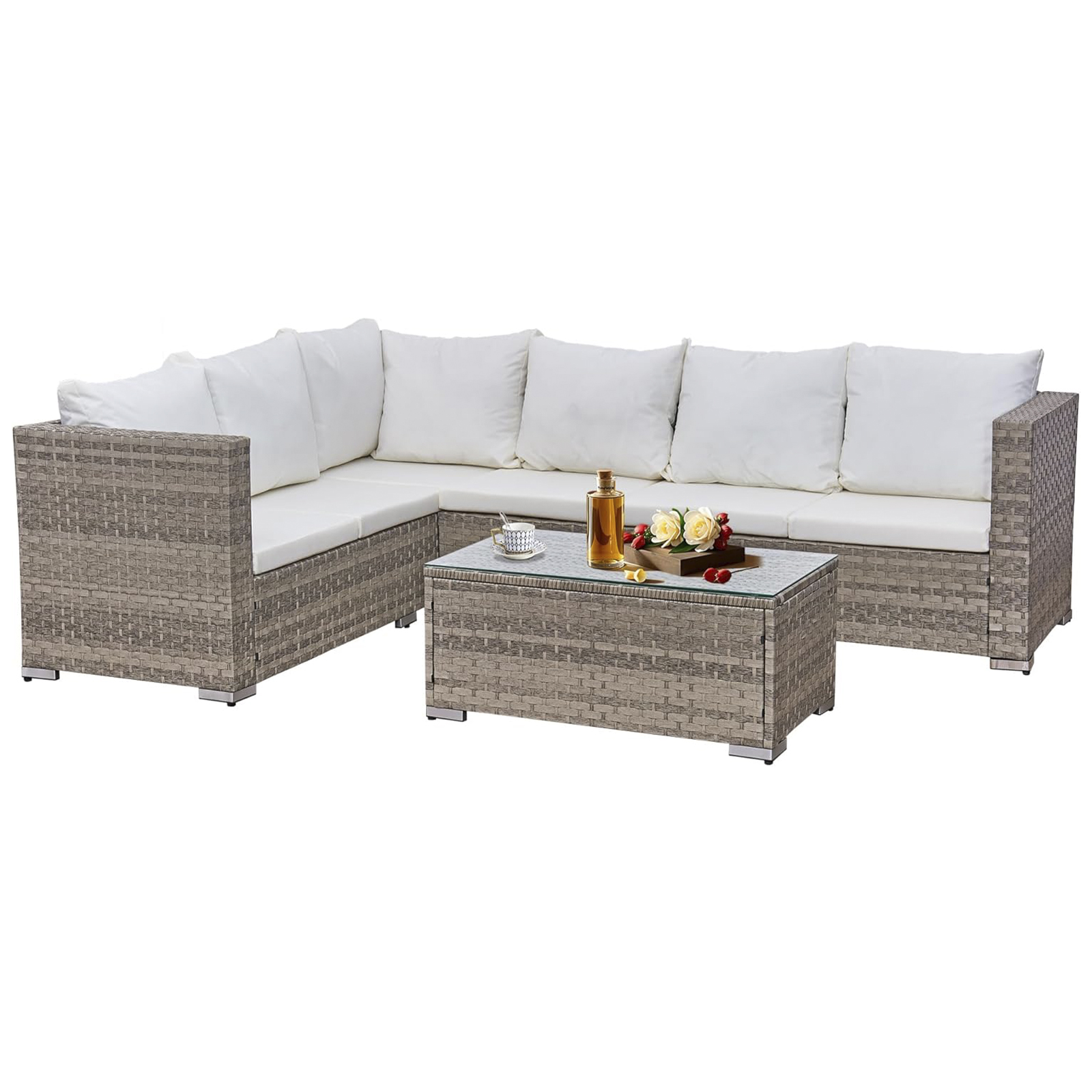 acorn alt rattan 6 seat corner sofa set in dove grey with creamy white cushions
