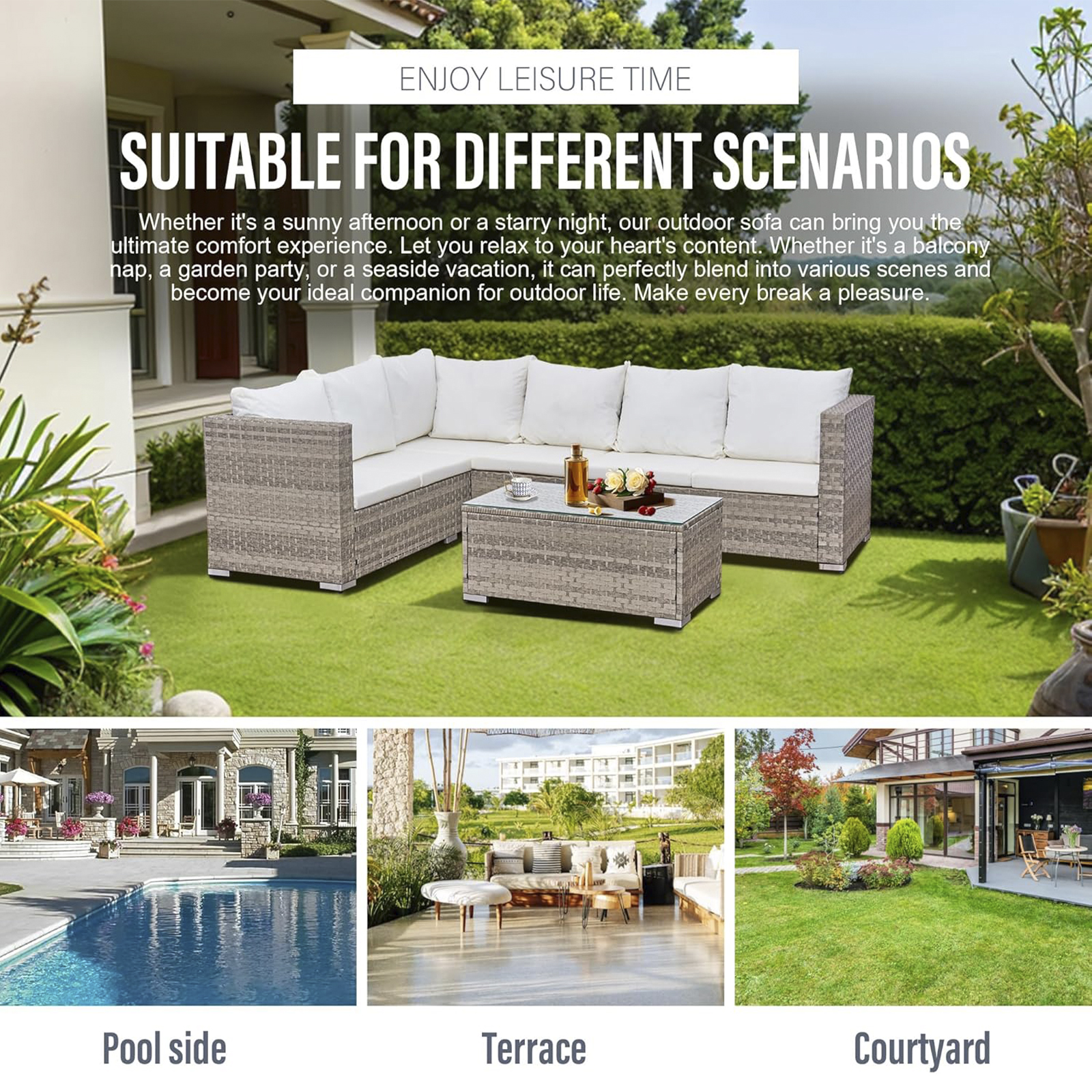 acorn alt rattan 6 seat corner sofa set in dove grey with creamy white cushions