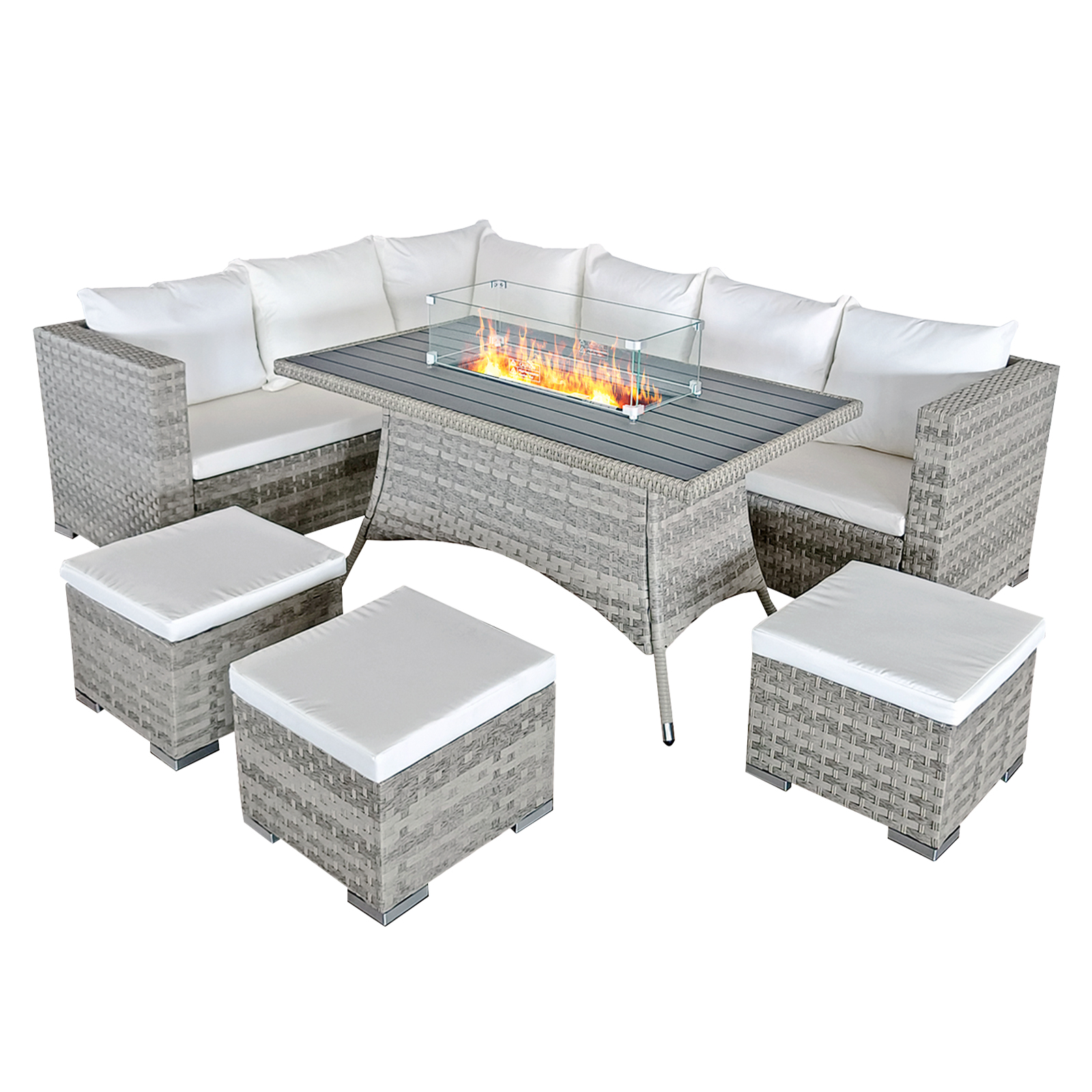 acorn rattan 9 seat corner firepit set in dove grey