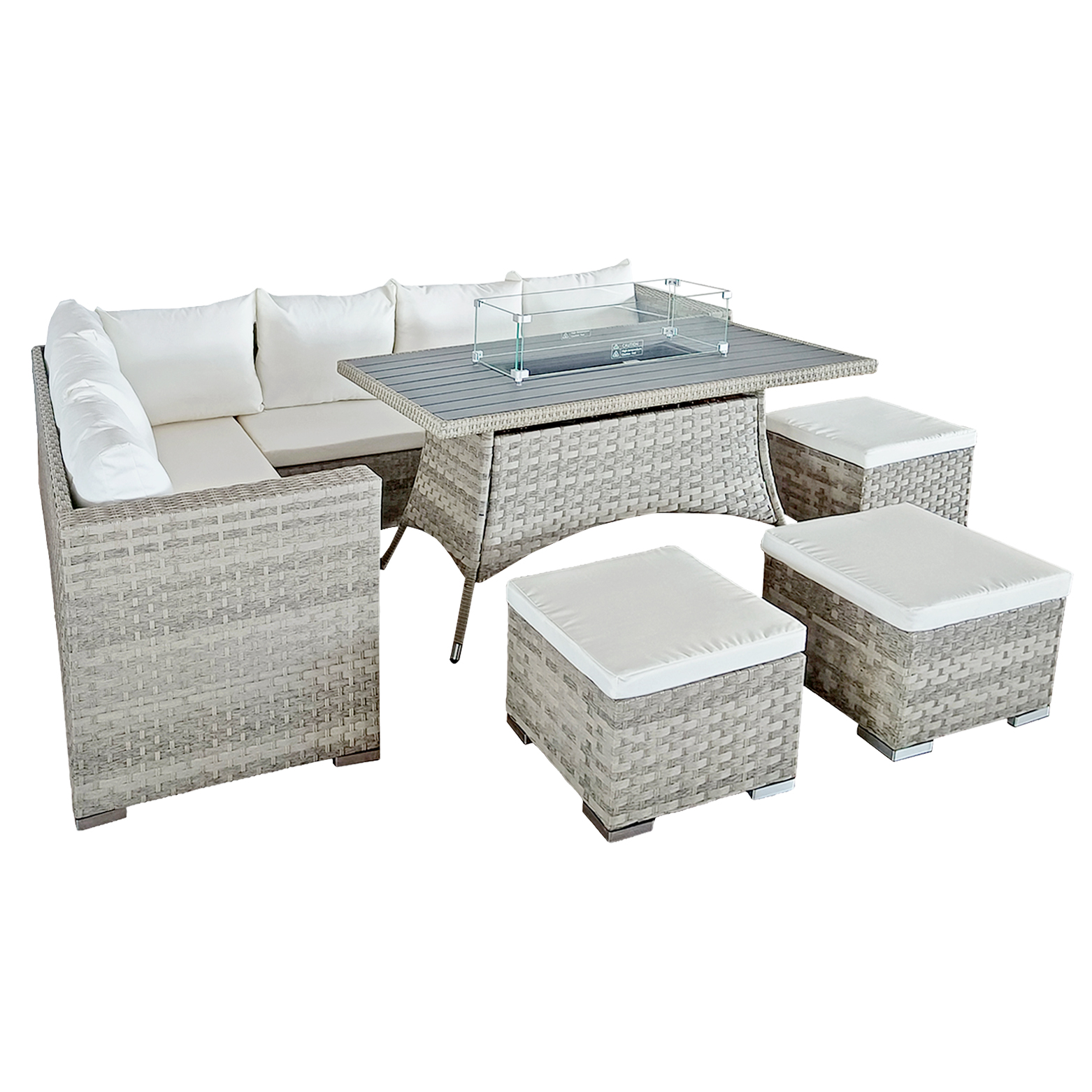 acorn rattan 9 seat corner firepit set in dove grey