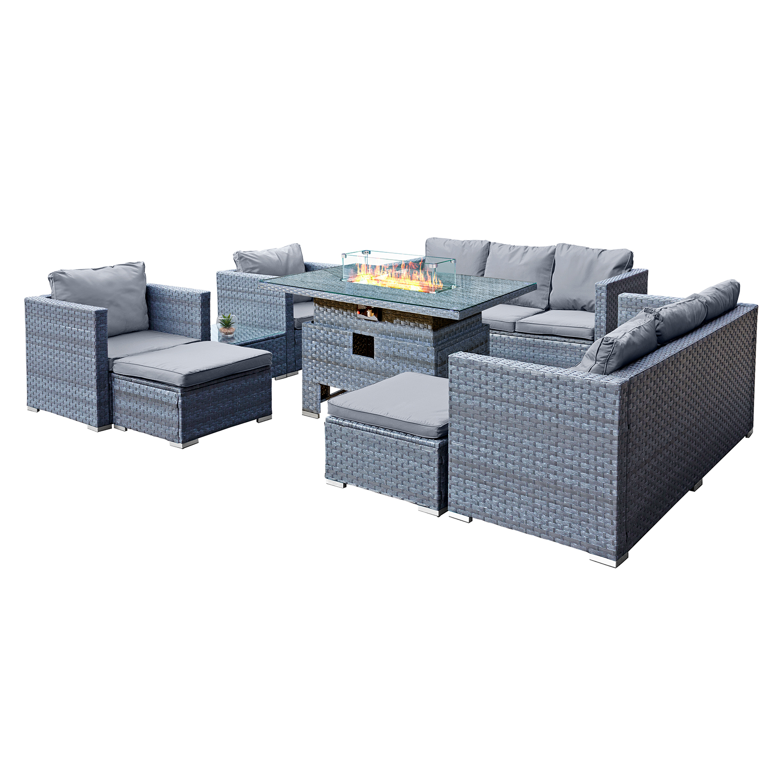 acorn deluxe rattan 10 seat rising firepit sofa set in ocean grey