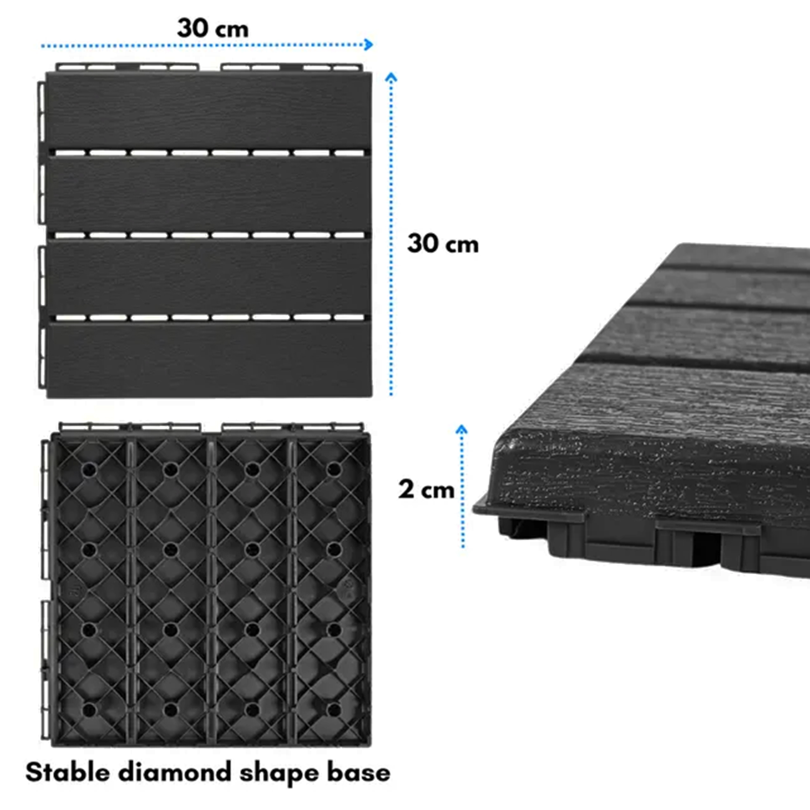 polydeck (pack of 12) woodgrain effect 30x30cm decking tiles in black