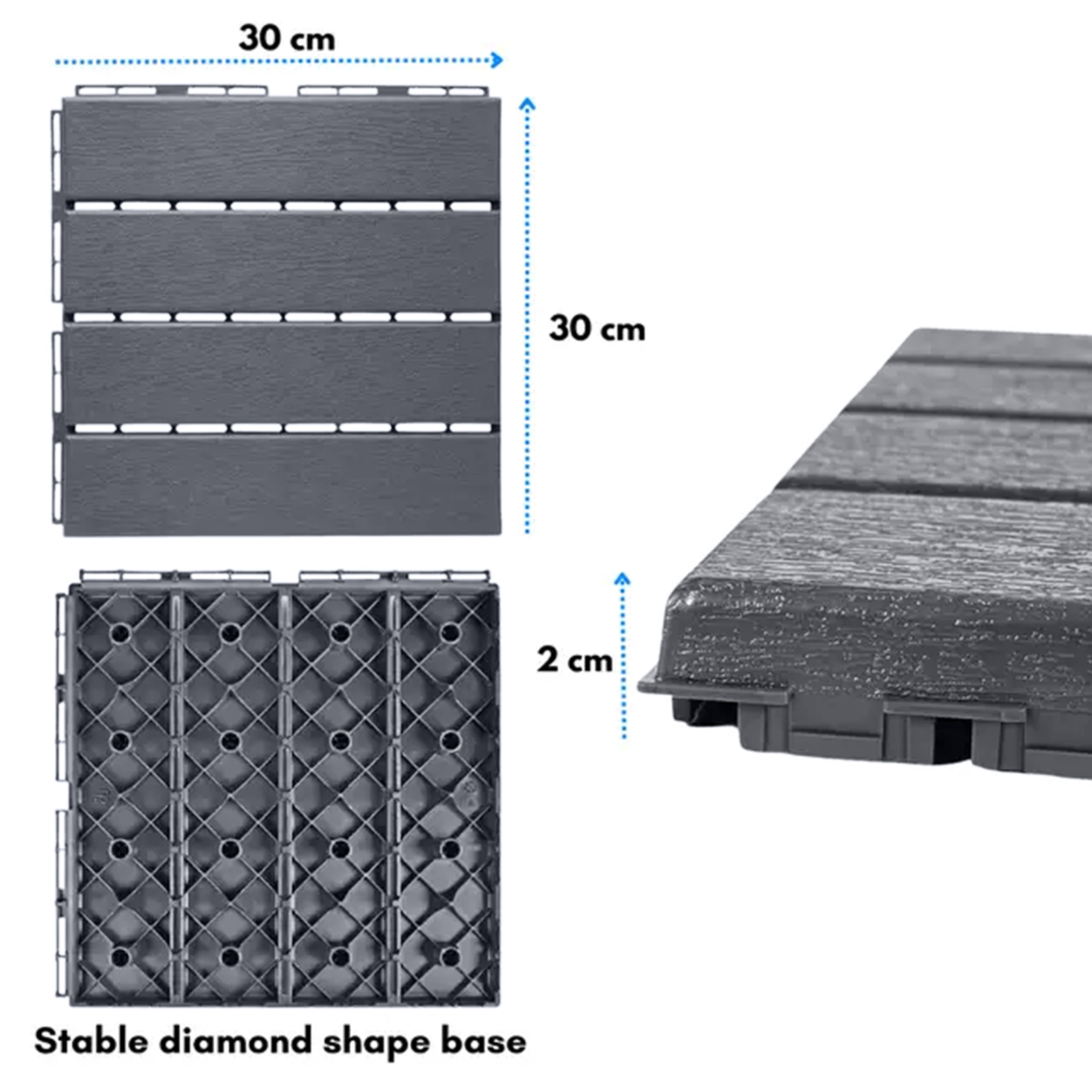 polydeck (pack of 12) woodgrain effect 30x30cm decking tiles in grey
