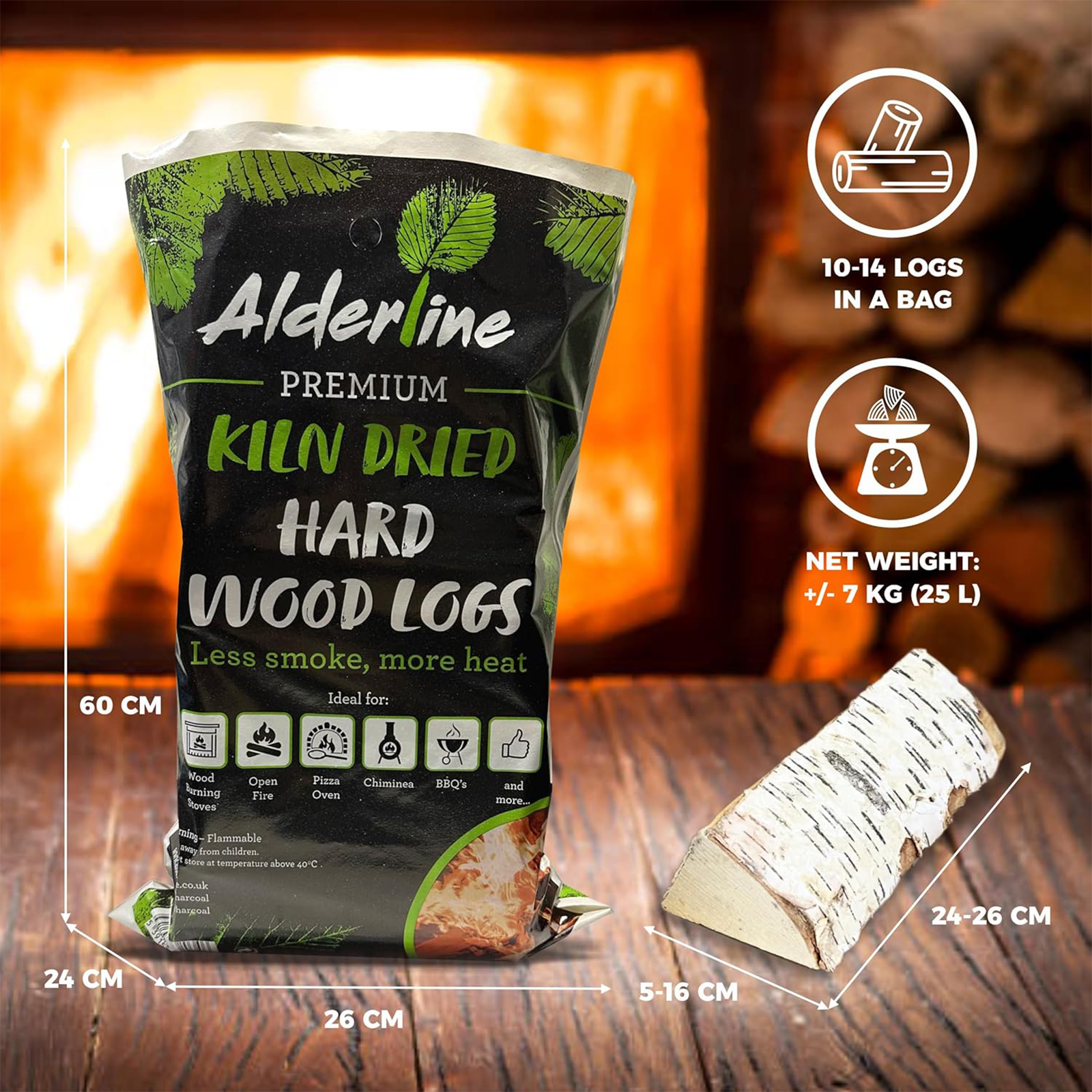 alderline 7kg bag of kiln dried birch firewood