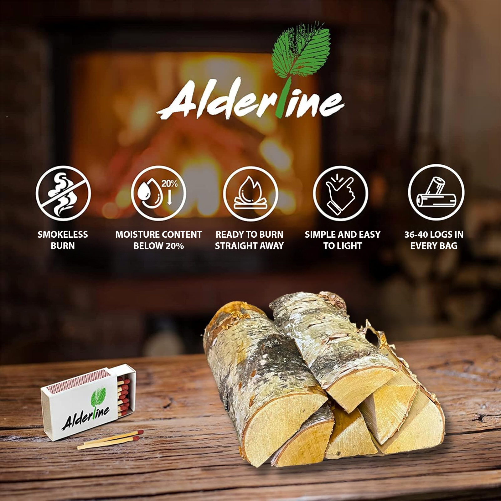 alderline 20kg bag of kiln dried birch firewood